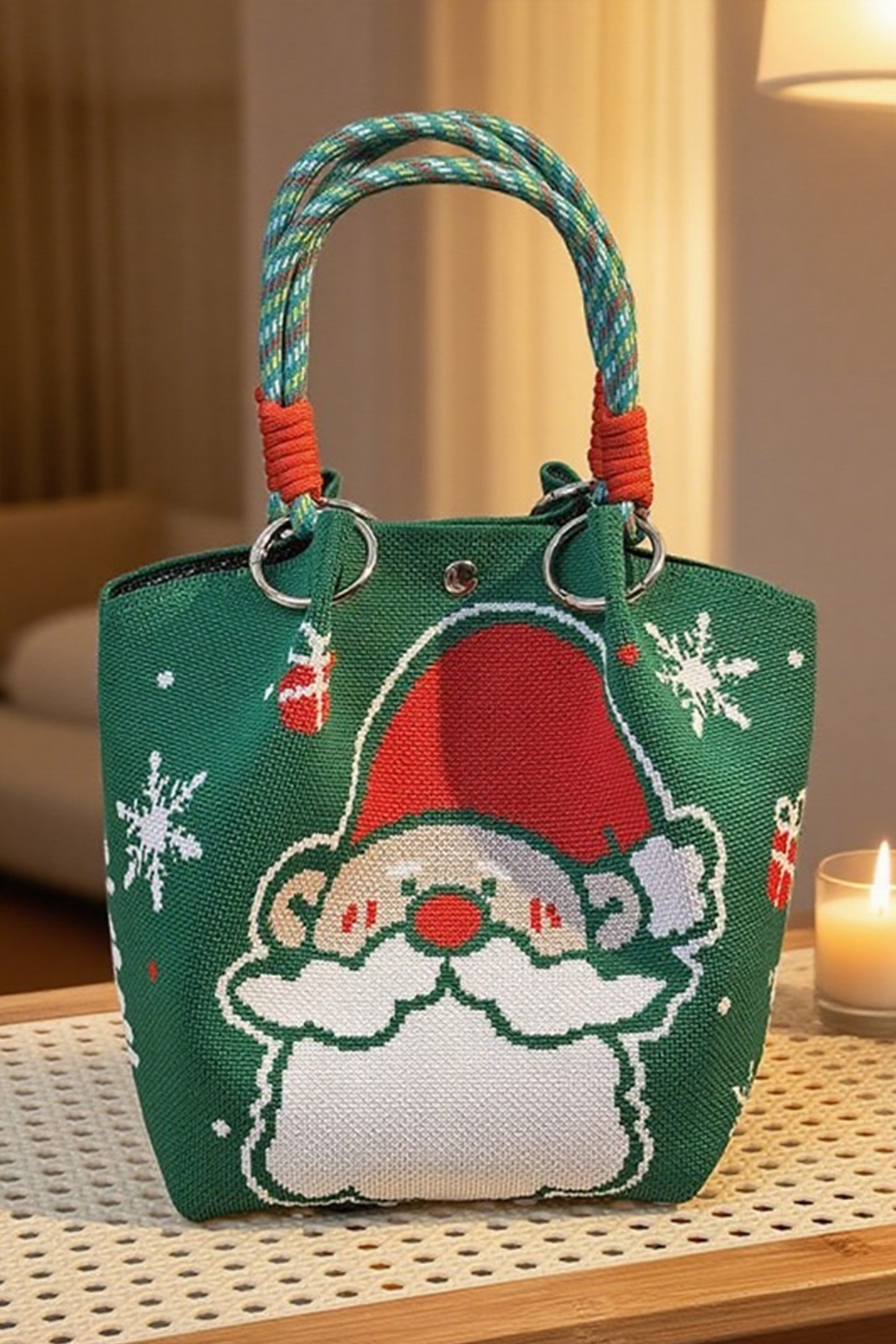Blackish Green Cartoon Santa Claus Knitted Bucket Bag