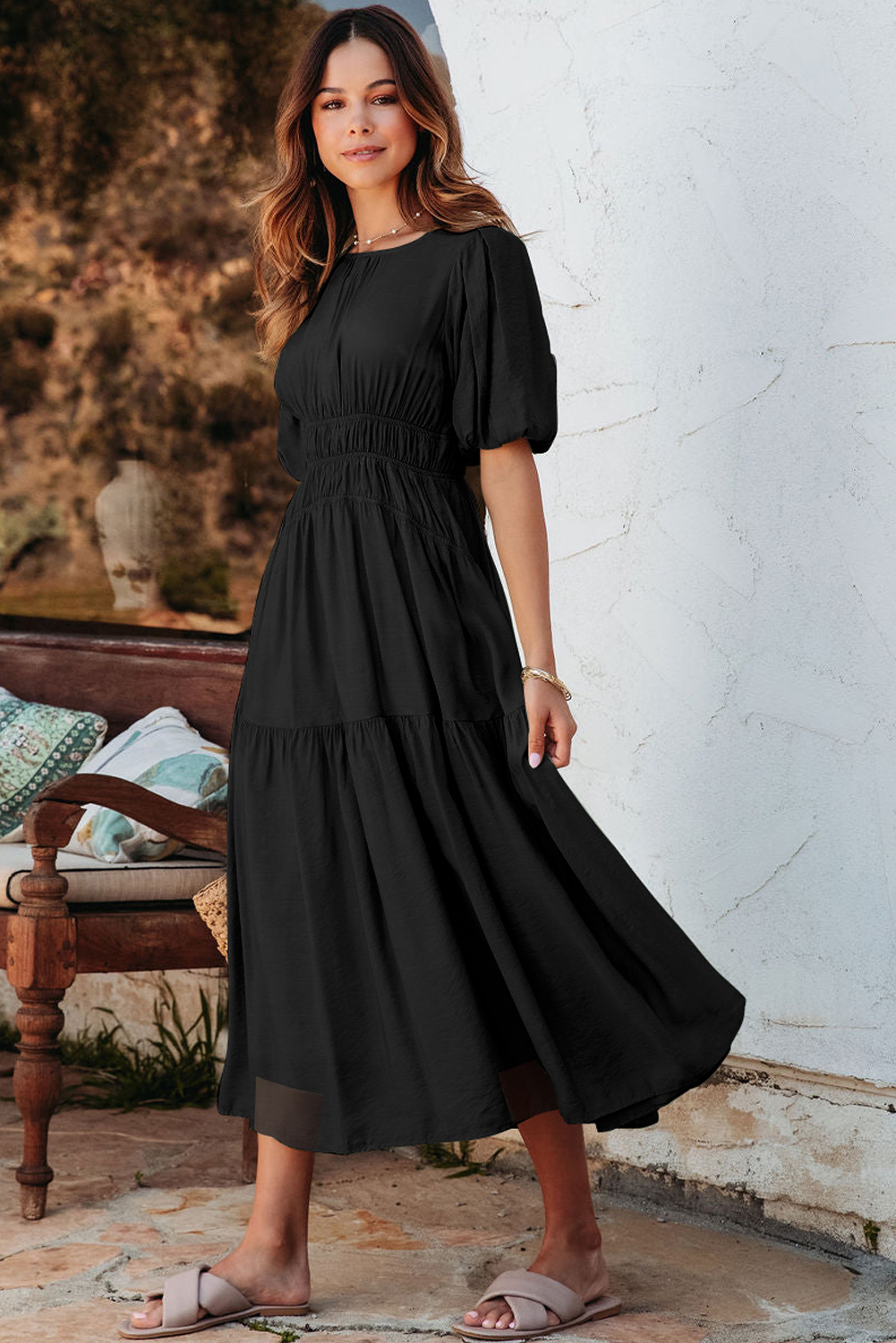 Black Puff Sleeve Pleated High Waist Flowy Midi Dress