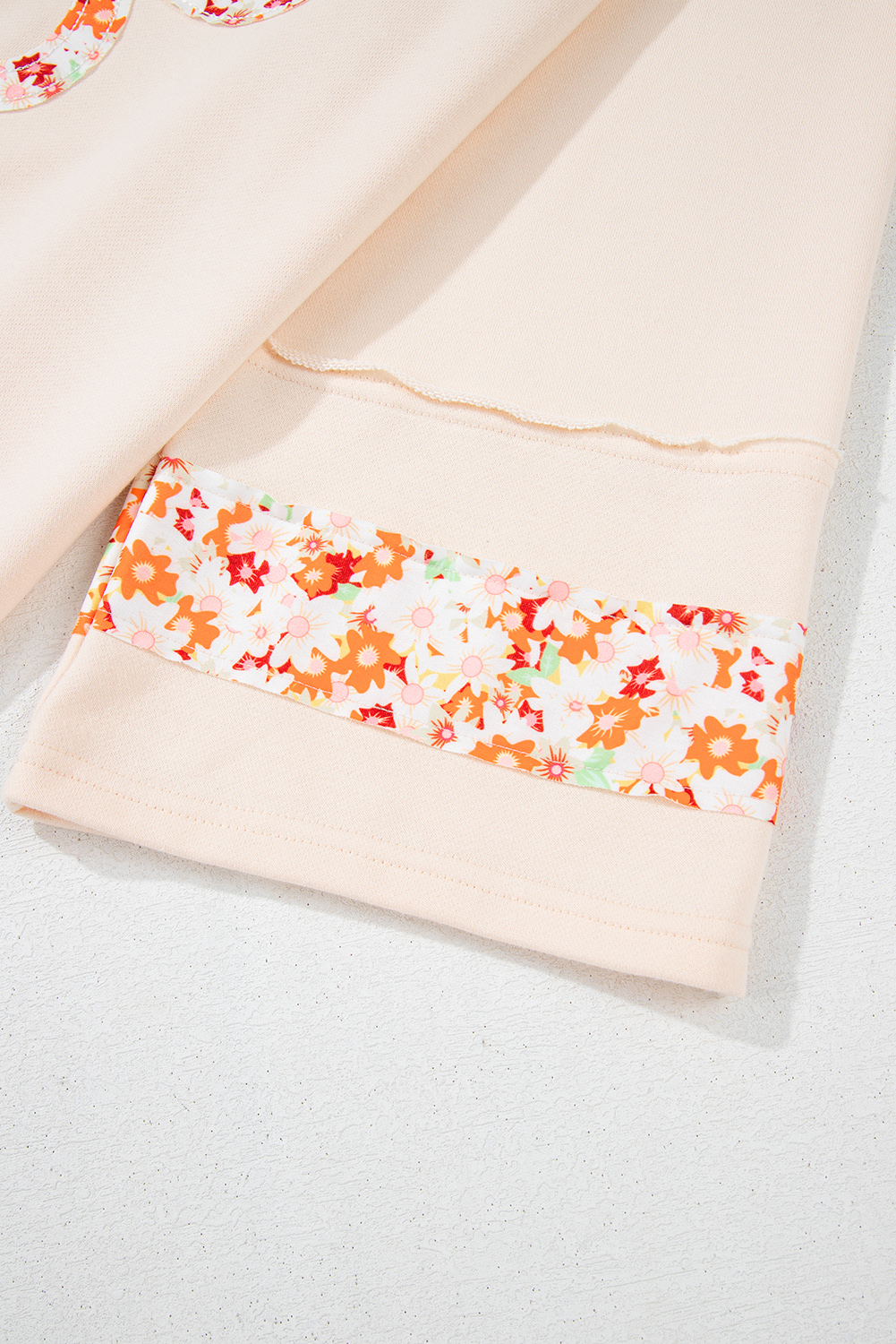 Beige Flower Patch Graphic Exposed Seam Wide Sleeve Top