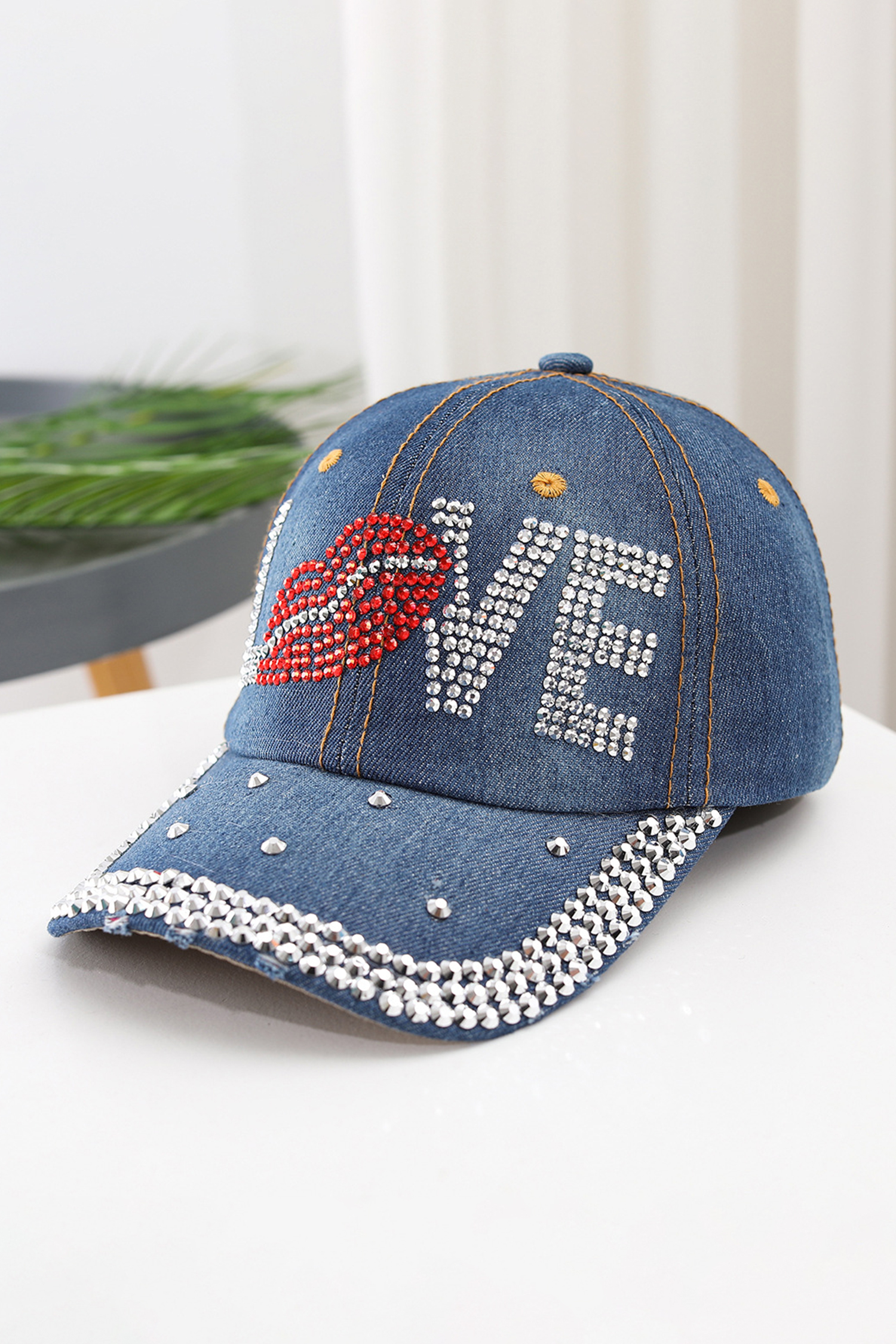 Ashleigh Blue Rhinestone Embellished LOVE Lip Denim Baseball Cap