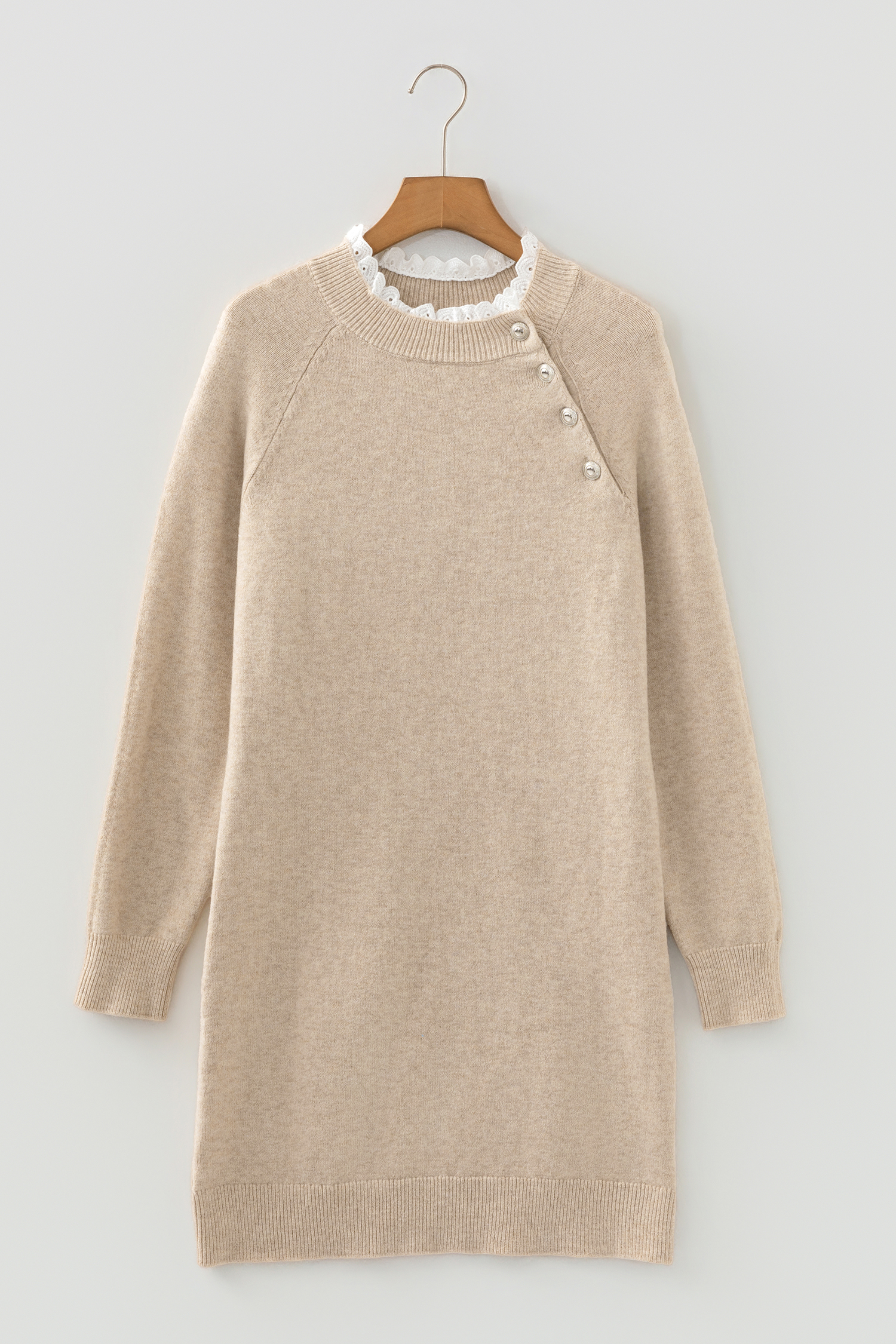 Parchment Button Lace Detail Raglan Sleeve Shift Mini Sweater Dress