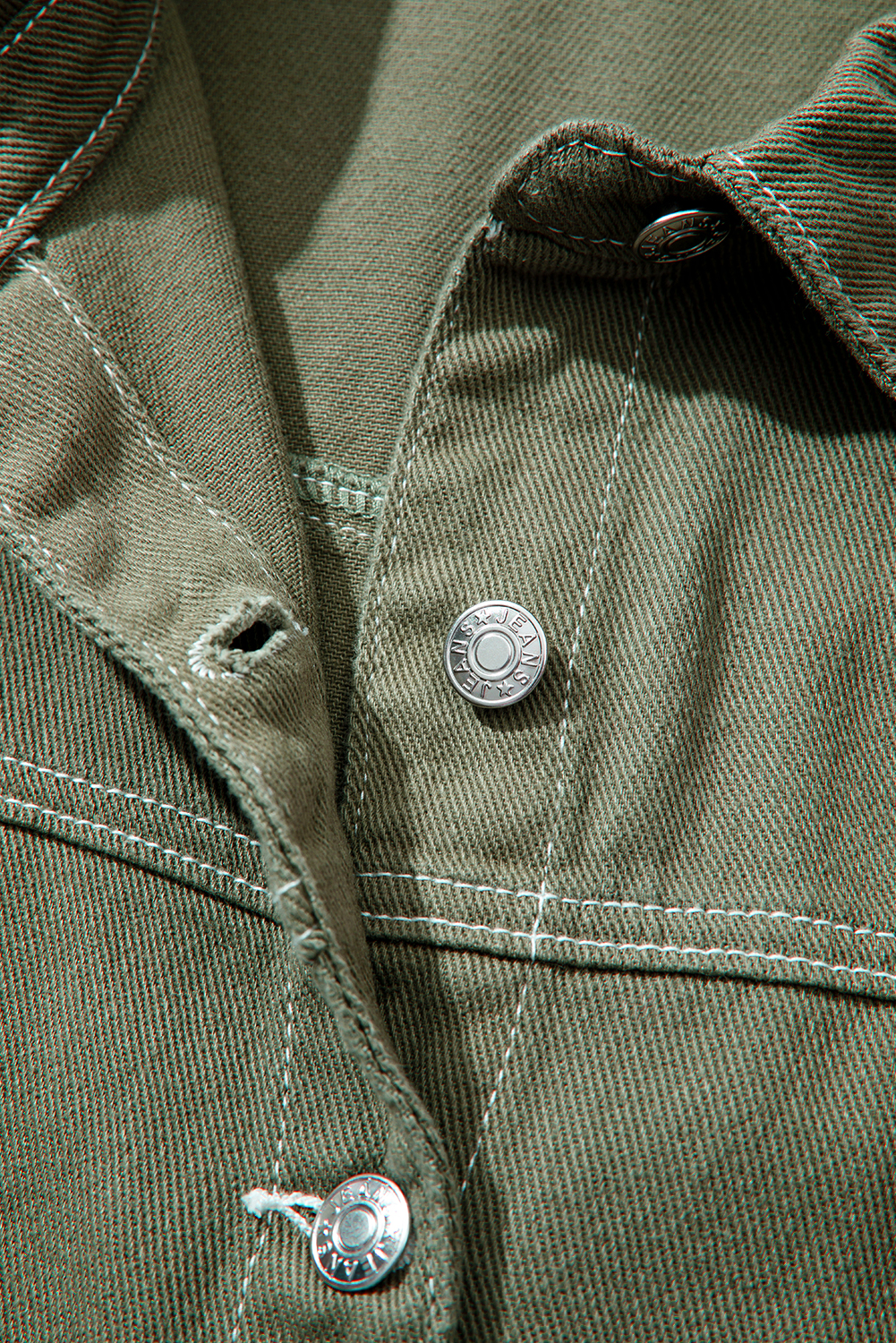 Smoke Green Patched Pocket Collared Button Front Boyfriend Denim Jacket