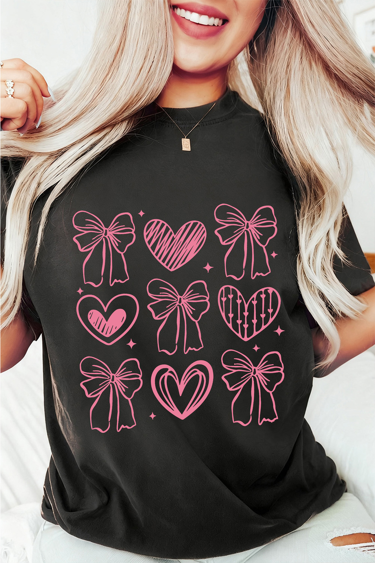 Black Cute Bow Heart Printed Valentines Day T Shirt