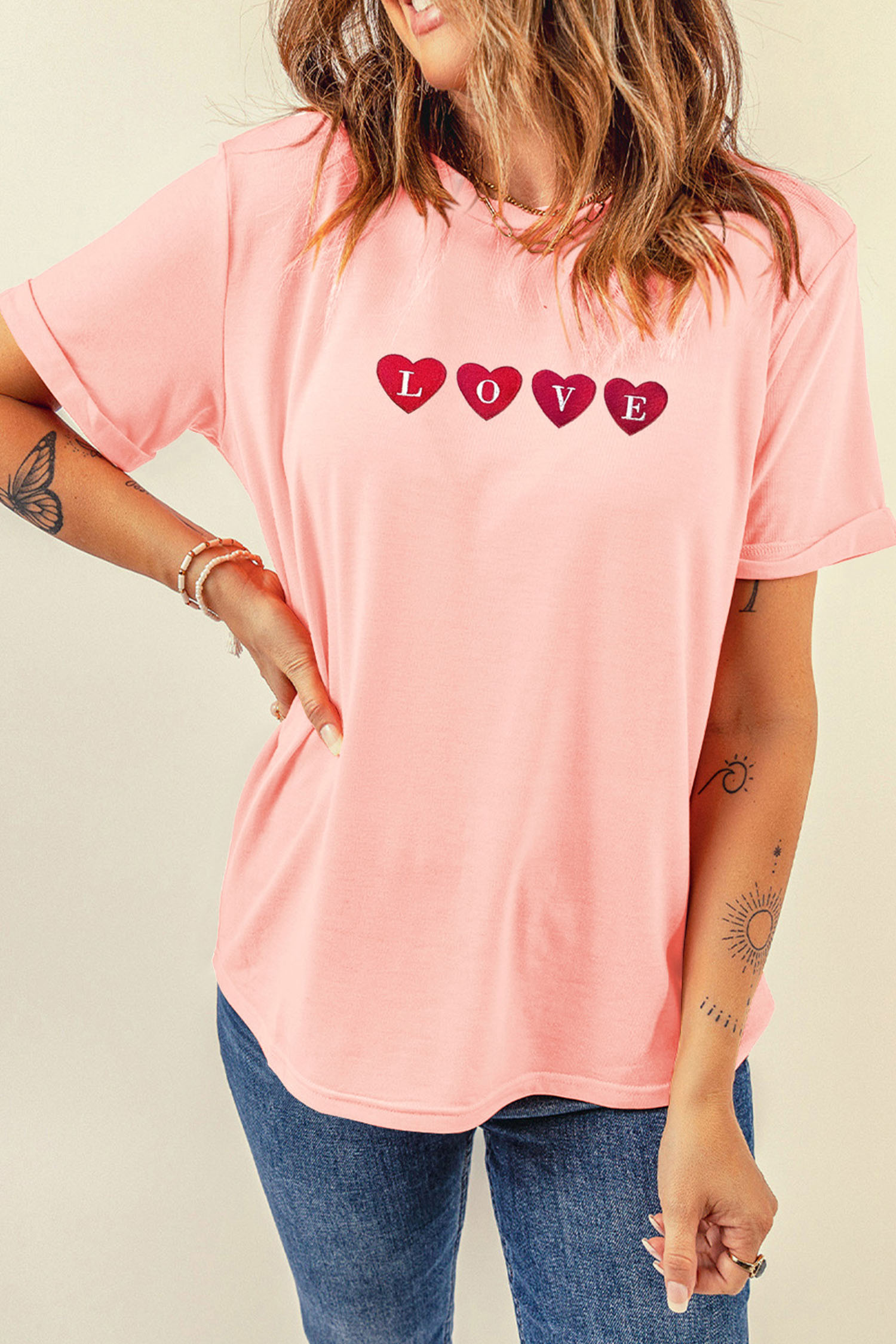 Pink LOVE In Hearts Embroidered Graphic Tee