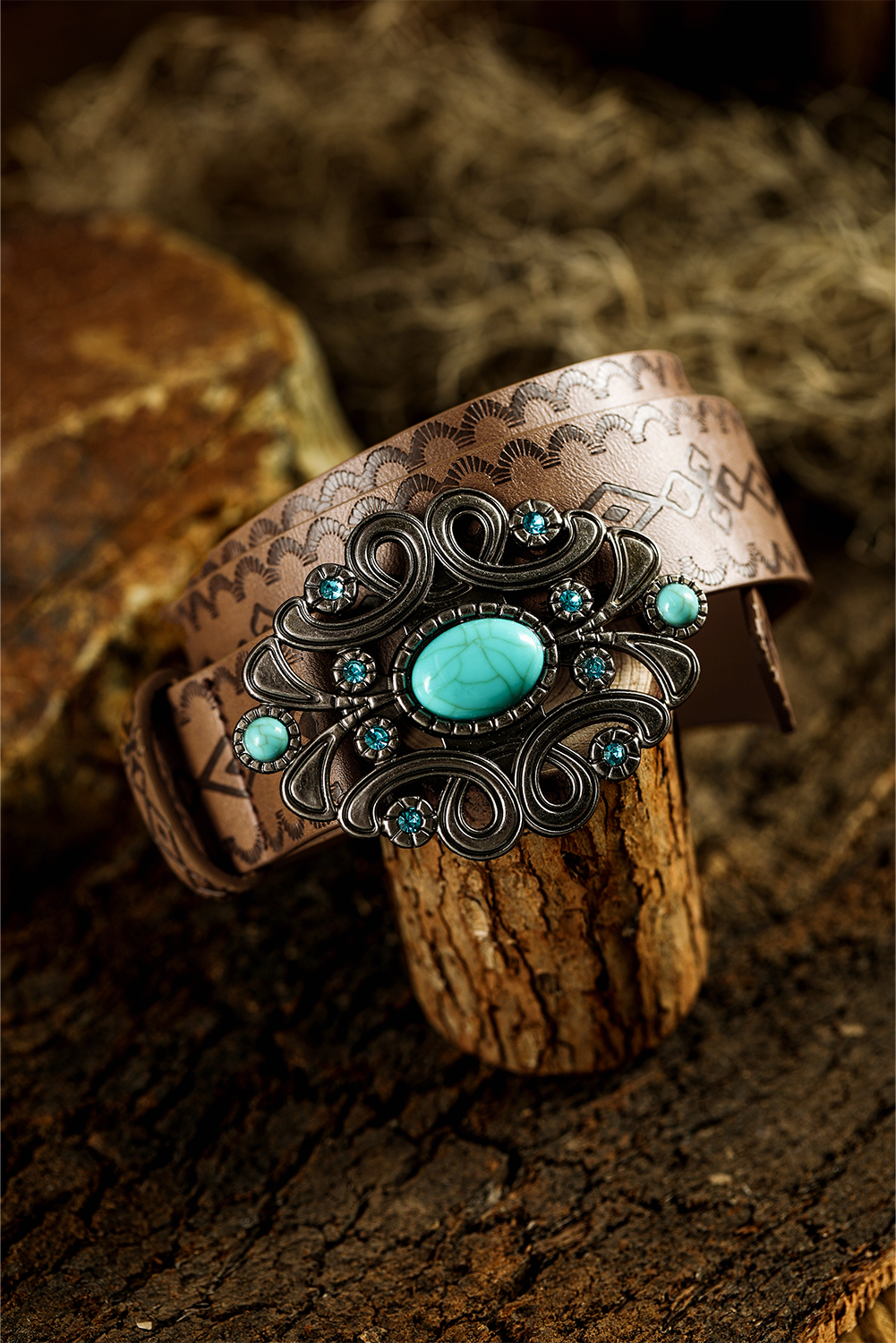 Chestnut Western Floral PU Leather Turquoise Metal Hardware Waist Belt