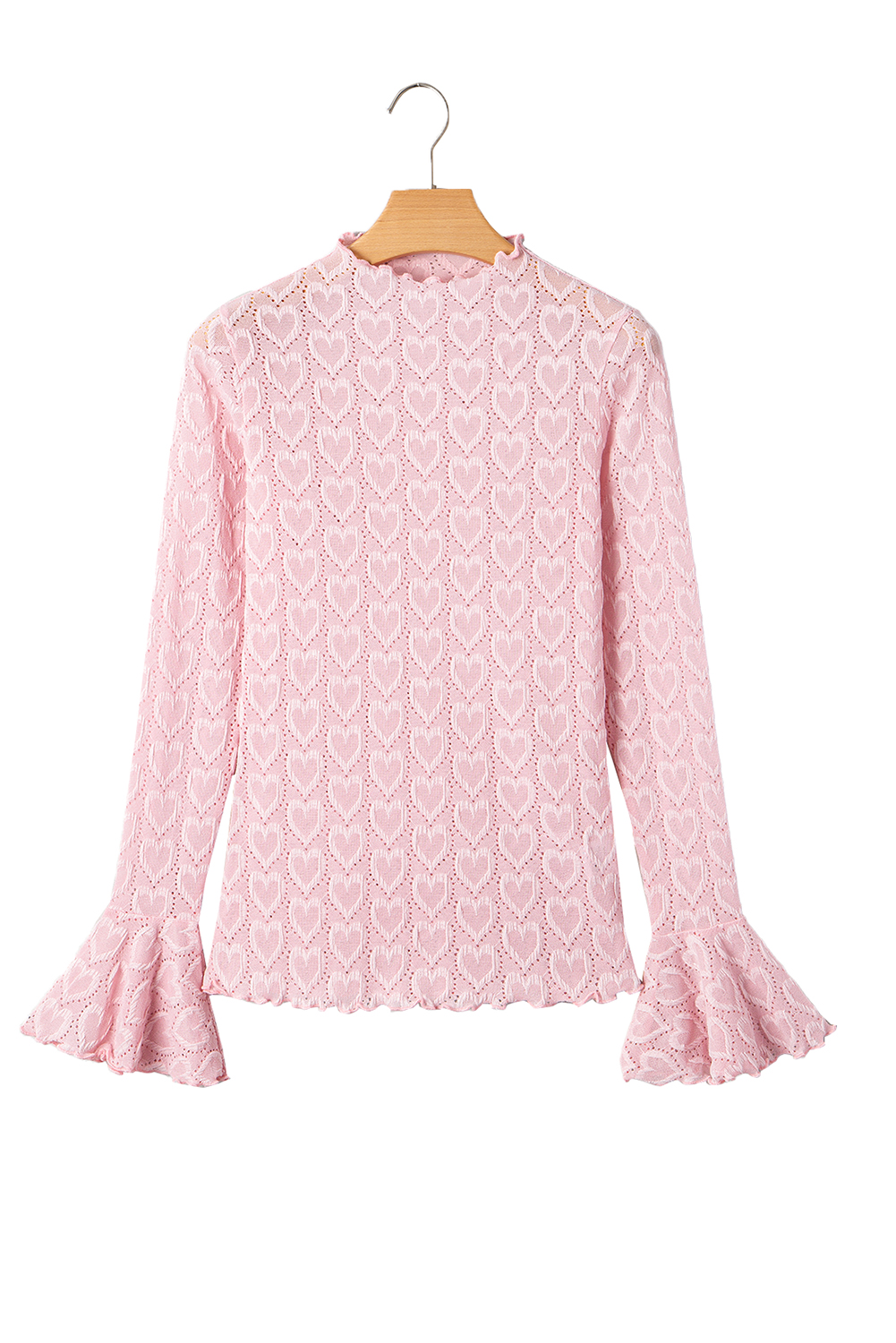 Gossamer Pink Heart Jacquard Flare Sleeve Mock Neck Fitted Top
