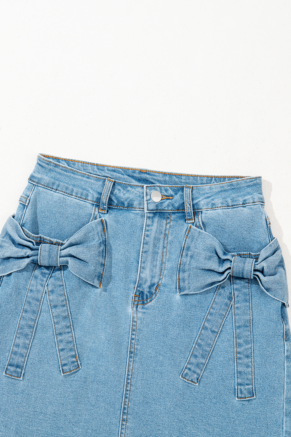 Dusk Blue Acid Wash Bowknot Details High Waist Denim Skirt