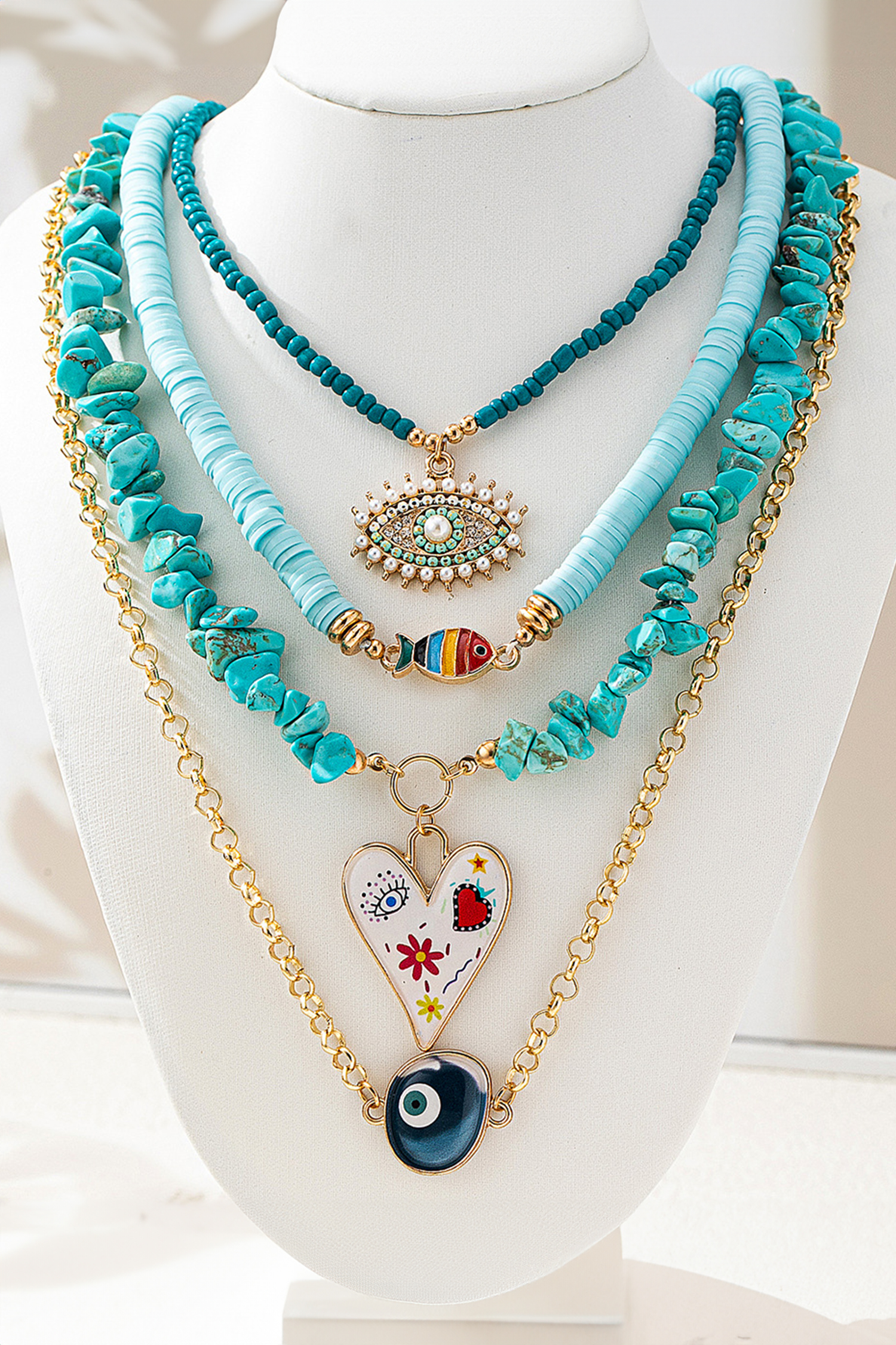 Turquoise 4 Pieces Stackable Boho Necklace Set