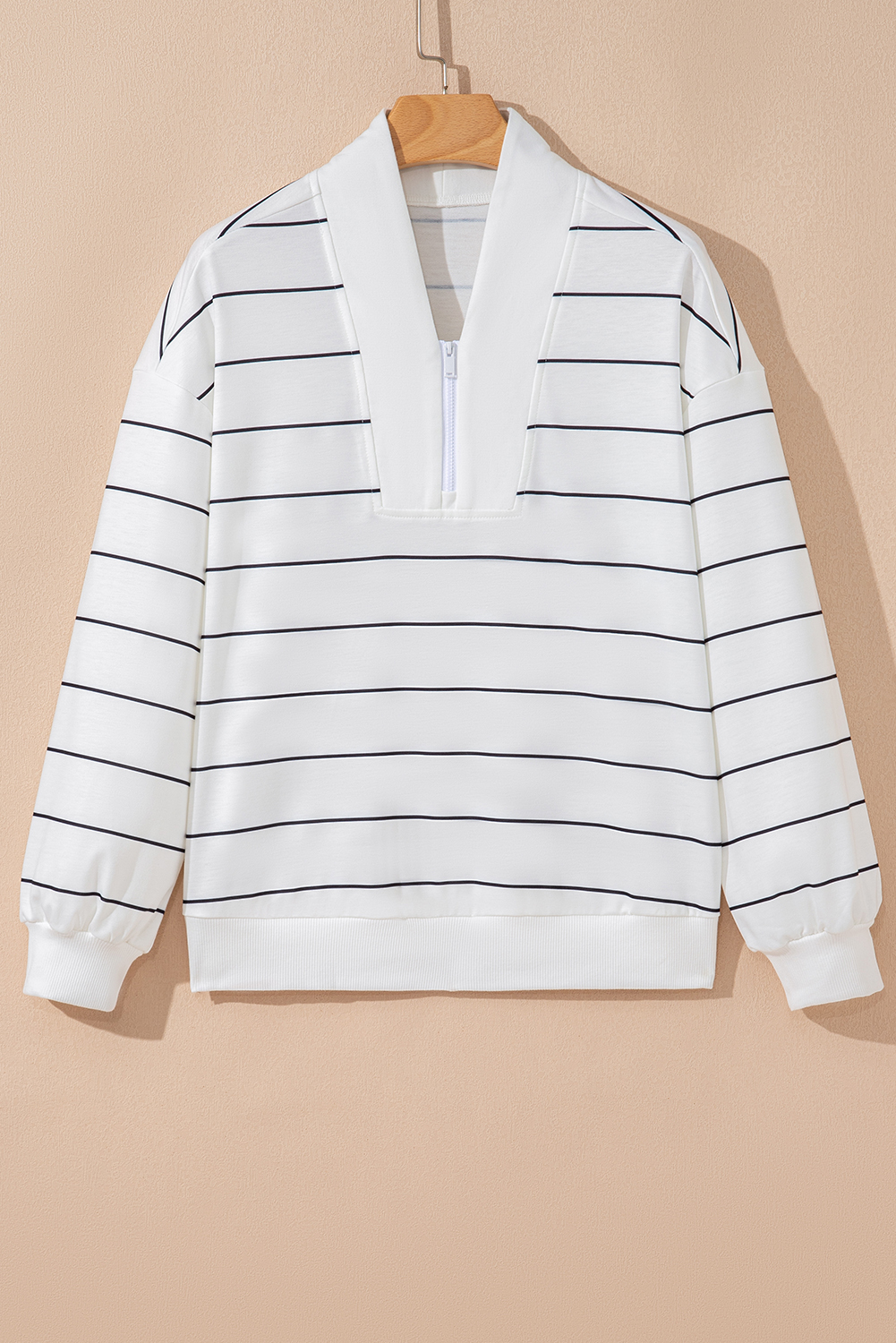 White Zip V Neck Casual Stripe Print Drop Shoulder Long Sleeve Top