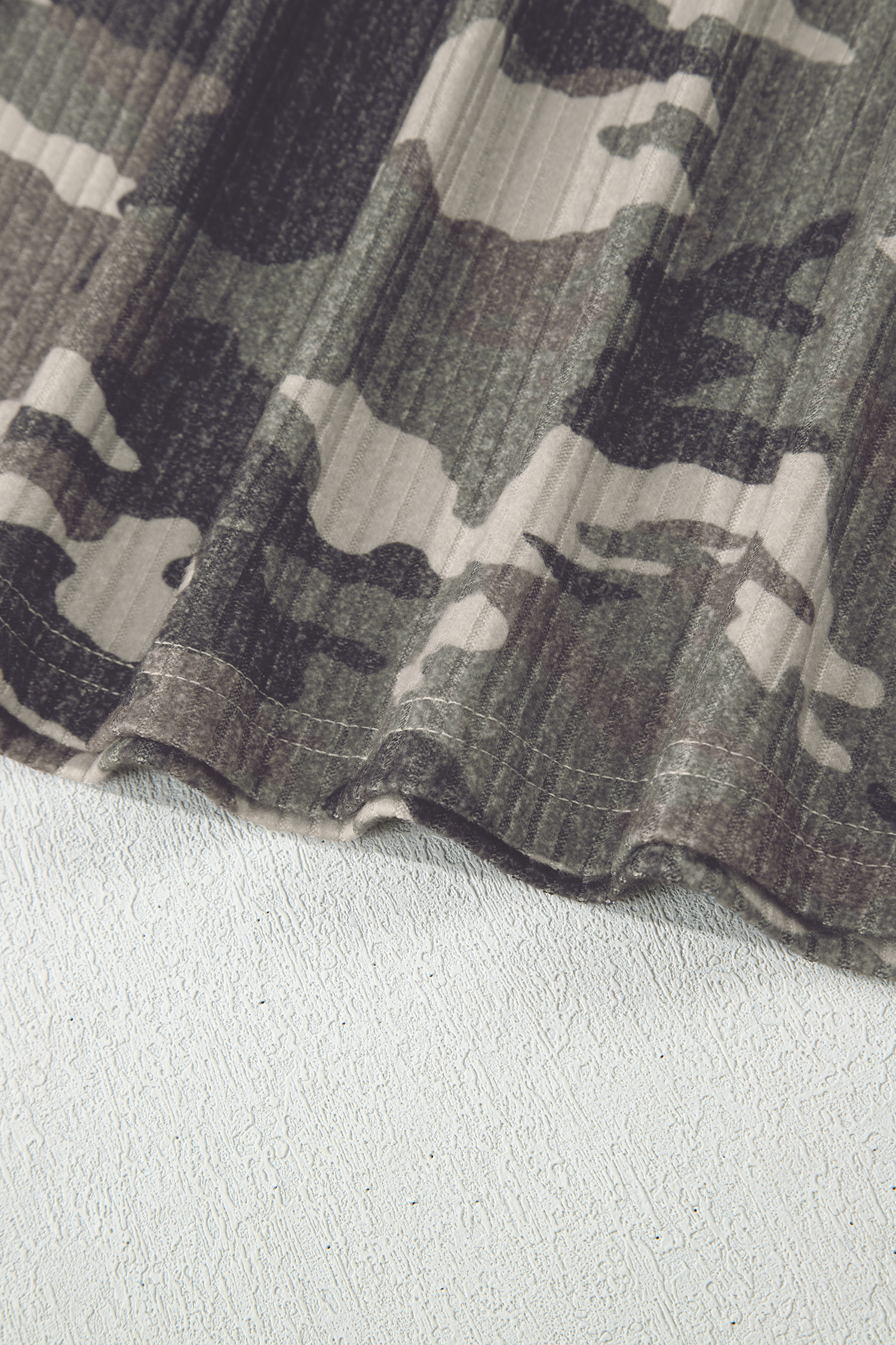 Gray Camouflage Print Ribbed Knit Round Neck Tank Top