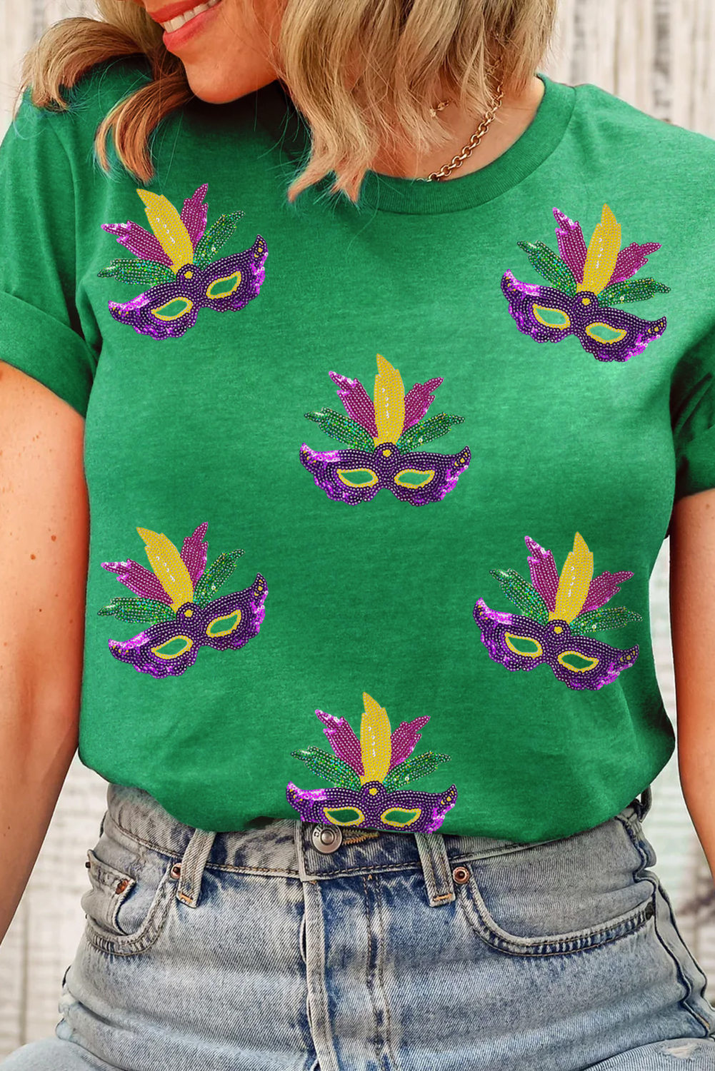 Bright Green Glitter Mardi Gras Mask Graphic T Shirt