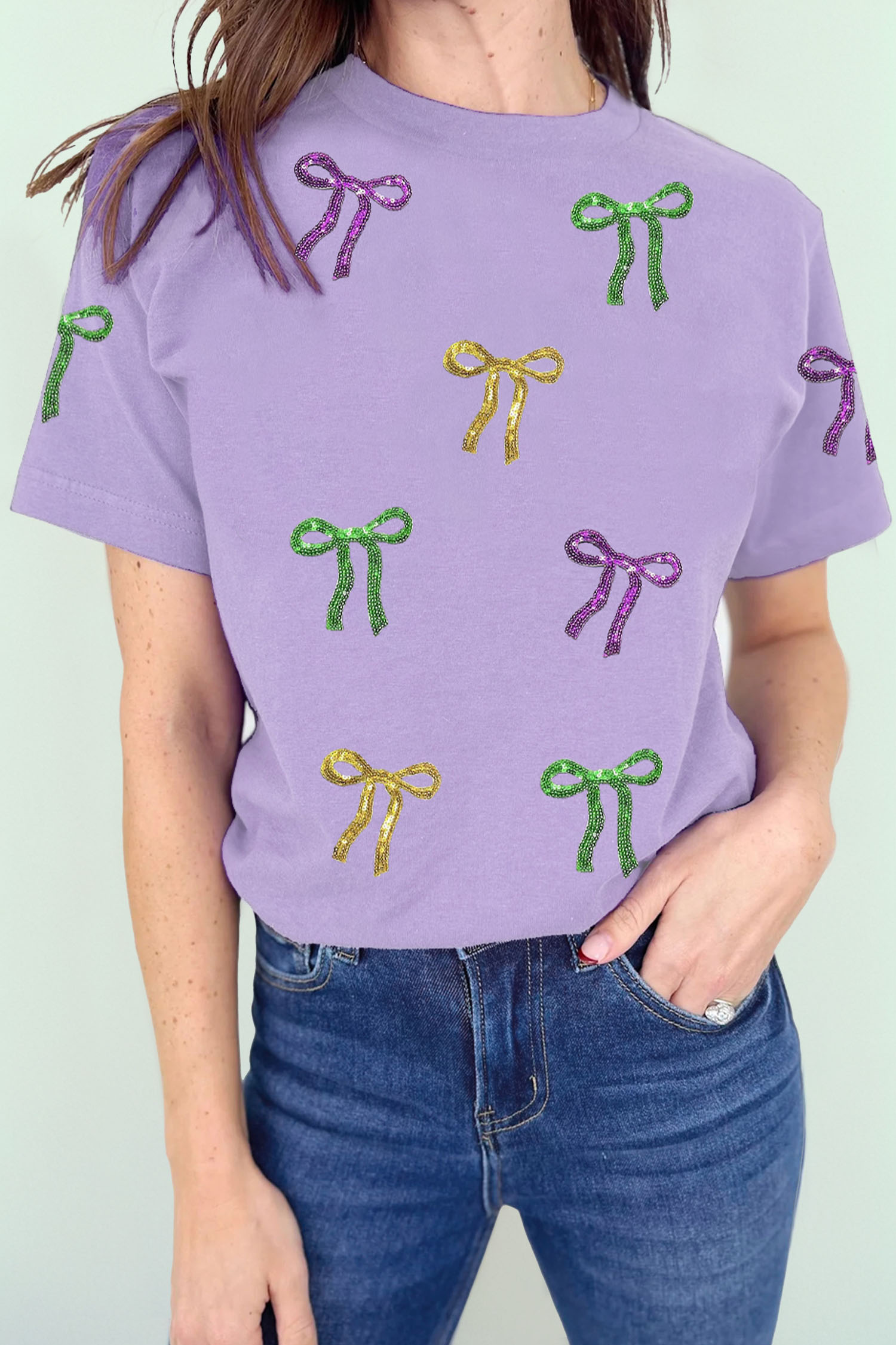 Wisteria Mardi Gras Sequin Bow Crew Neck T Shirt