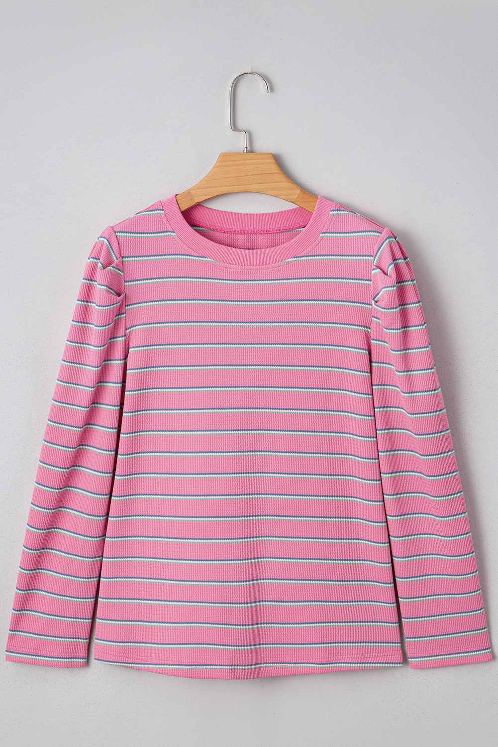 Rose Stripe Textured Knit Round Neck Long Sleeve Top