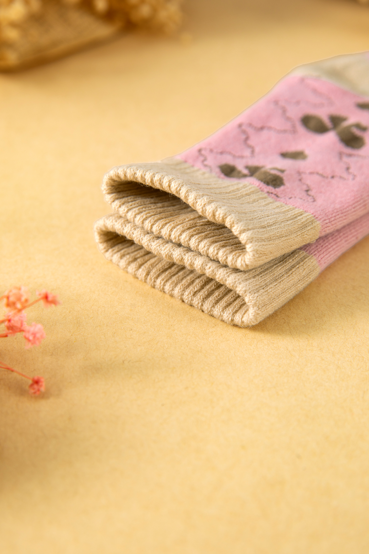 Pink Geometric Bow Heart Printed Ribbed Cuffs Winter Socks