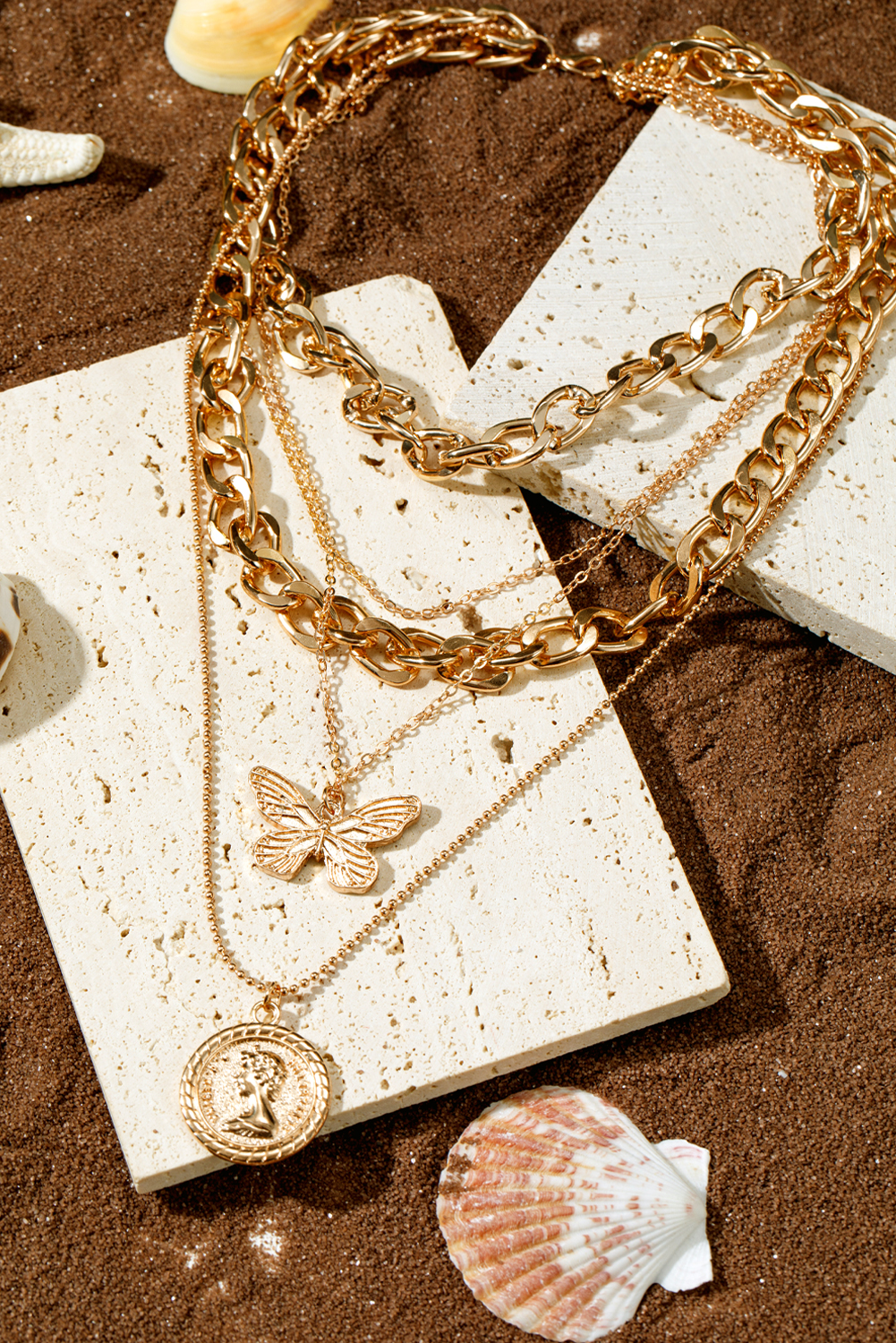 Gold Plated Alloy Multilayer Butterfly Charm Necklace