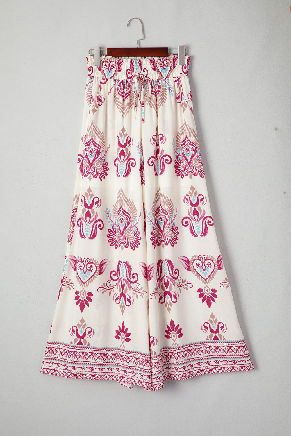 Rose Boho Printed Shirred High Waist Flowy Wide Leg Pants