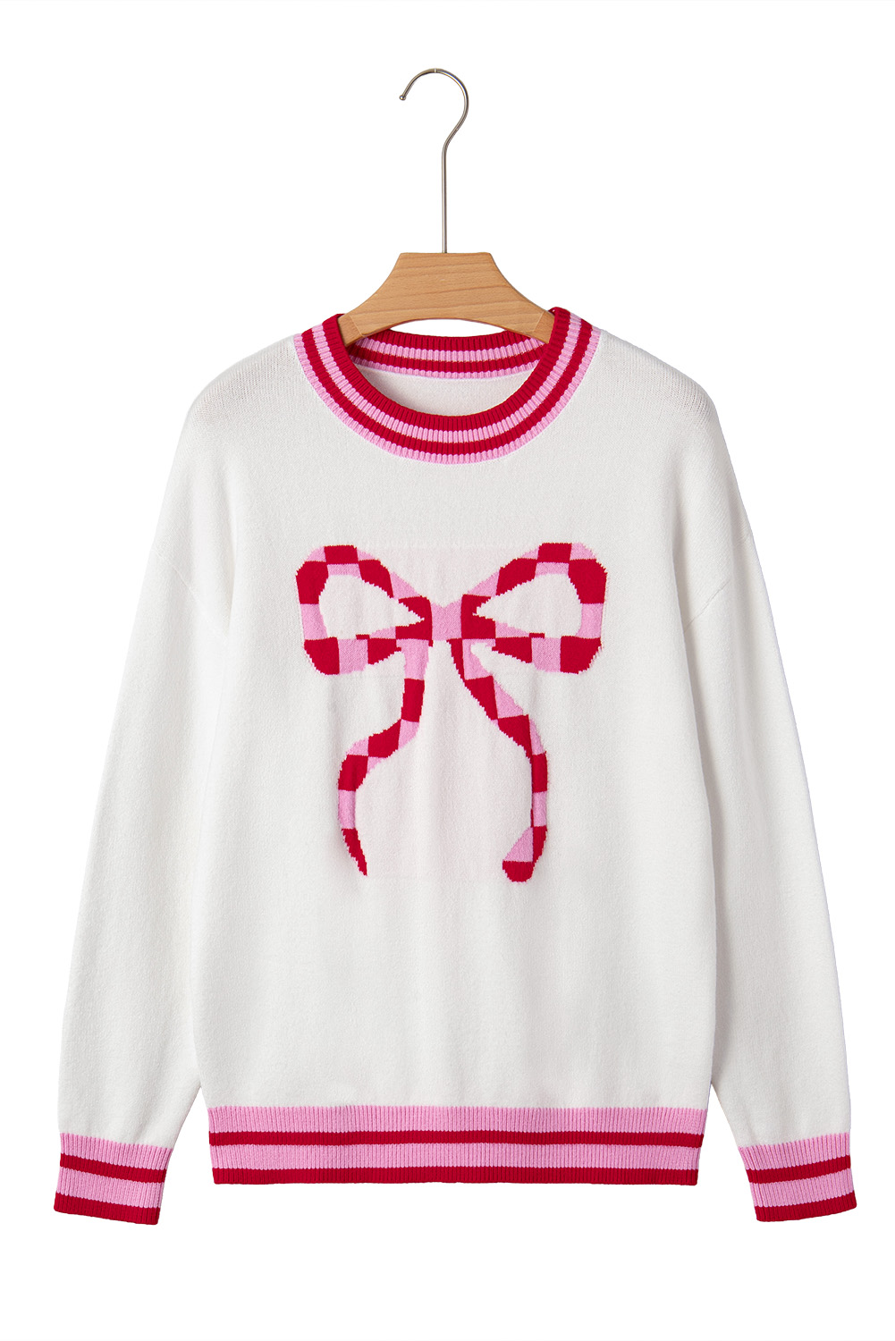 White Striped Trim Bow Graphic Round Neck Drop Shoulder Sweater