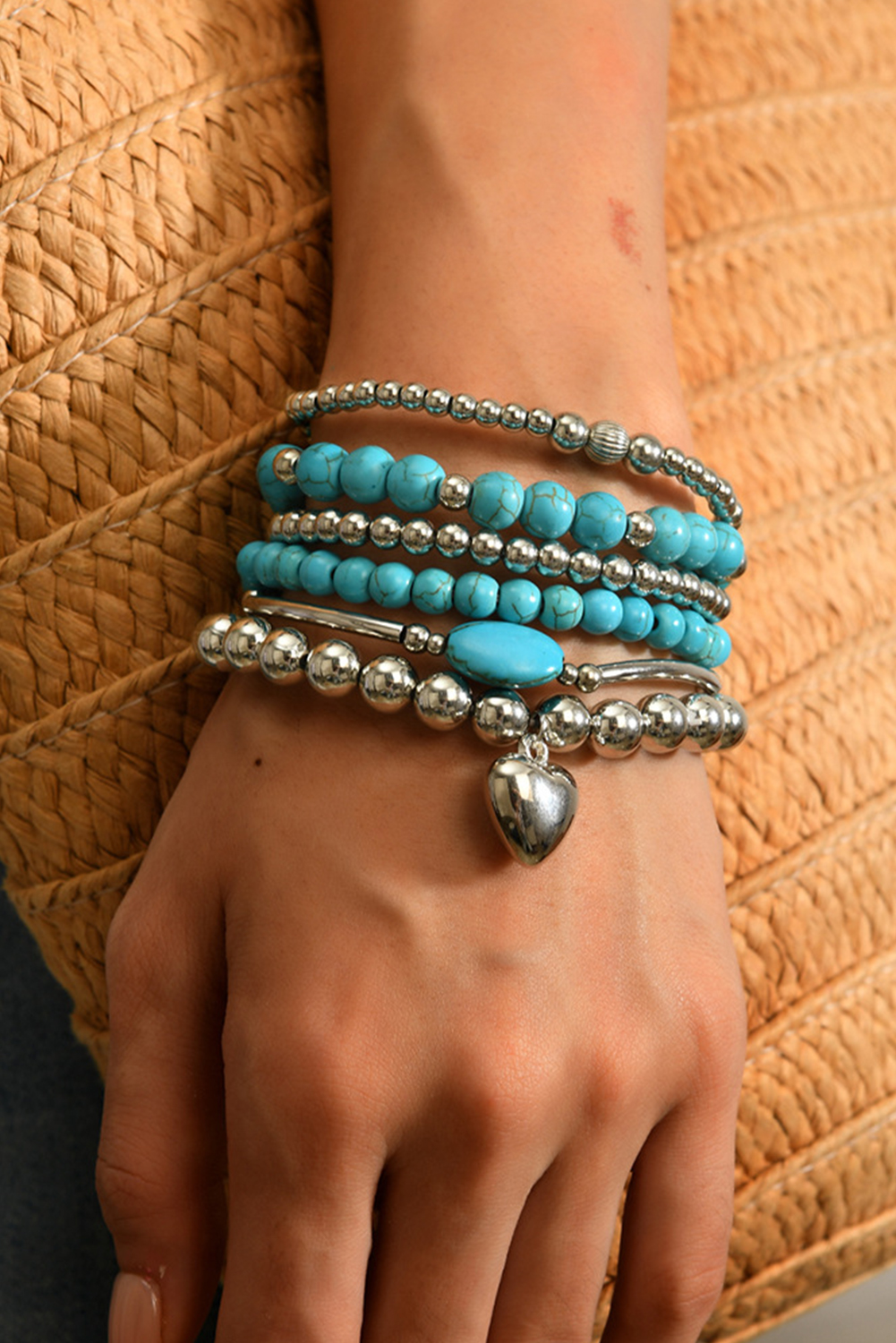 Silvery Pleated Heart Charm Beaded Turquoise Multilayer 6pcs Bracelet Set