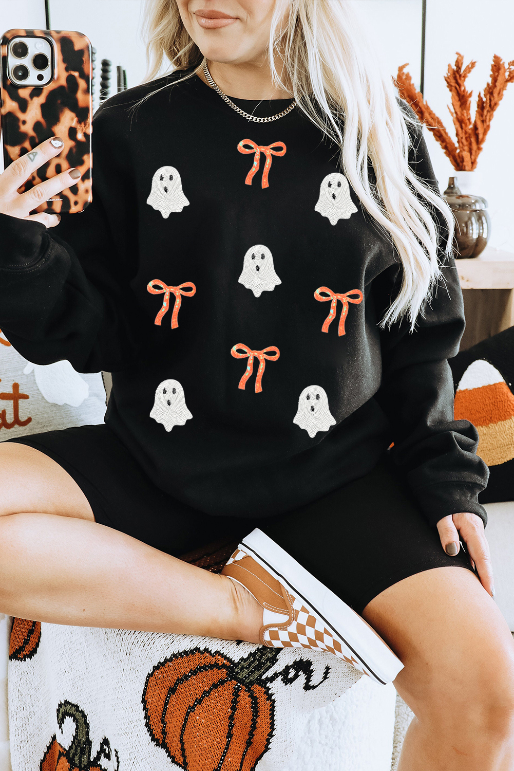 Black Sequin Bow Ghost Patched Halloween Graphic Tee