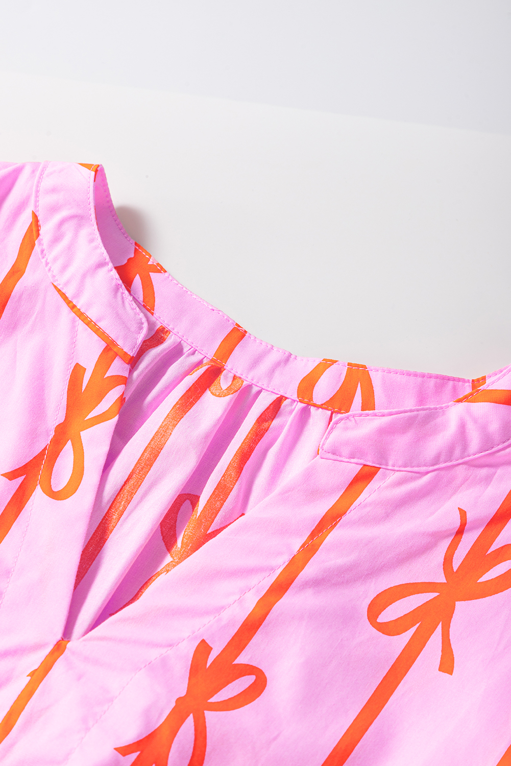 Pink Bowknot Striped Printed Bubble Sleeve Buttoned Belted Mini Dress