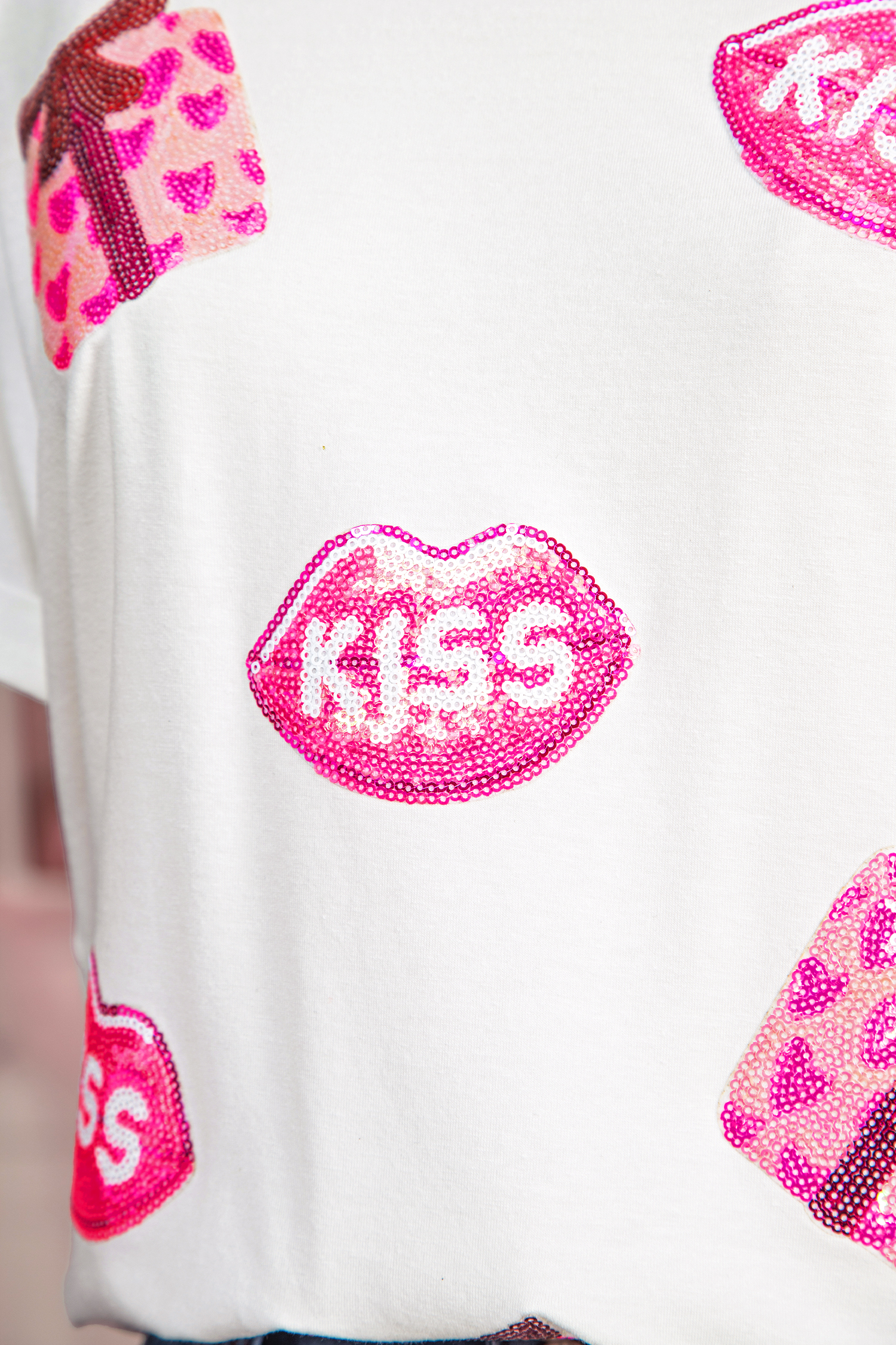 White Valentines Gift Kiss Lip Sequin Graphic T Shirt