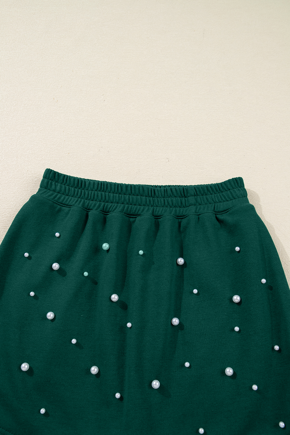 Dark Green Pearl Embellished Drop Shoulder Pullover Elastic Waist Mini Skirt Set
