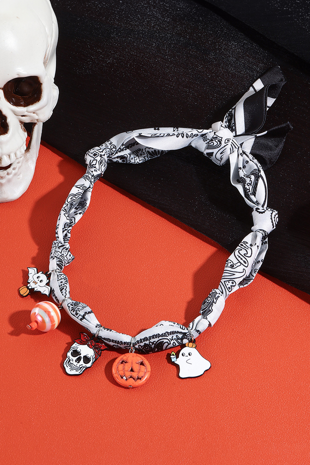 White Boho Printed Knot Scarf Halloween Pumpkin Ghost Charm Necklace