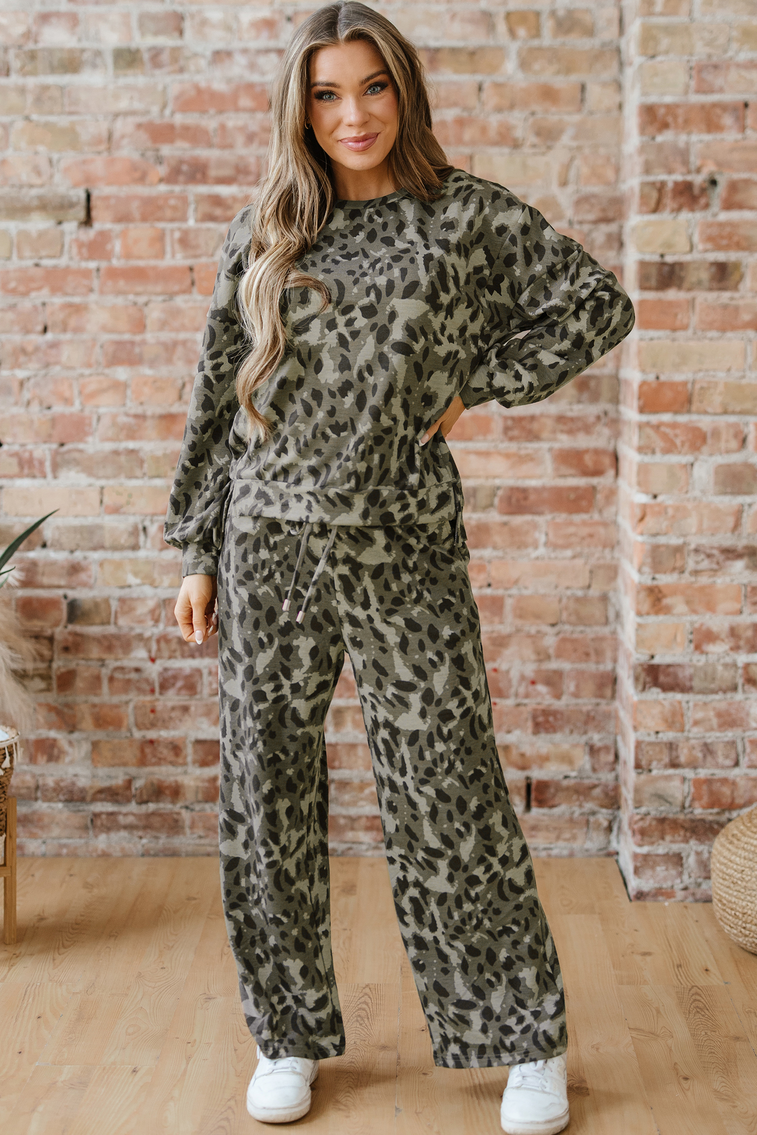 Brown Leopard Loose Tee Drawstring Waist Barrel Pants Set