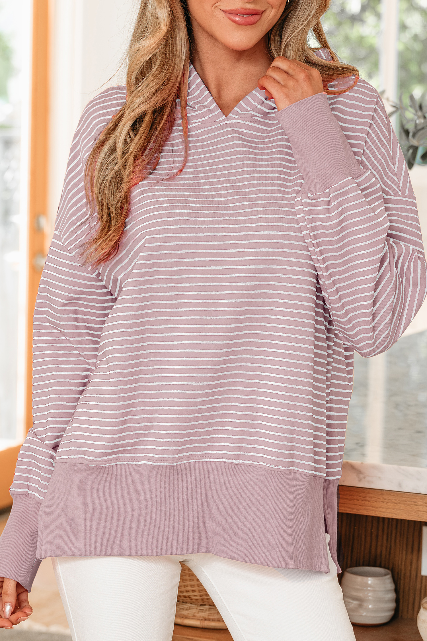 Purple Stripe Thumbhole Side Slits Drop Shoulder Loose Fit Hoodie