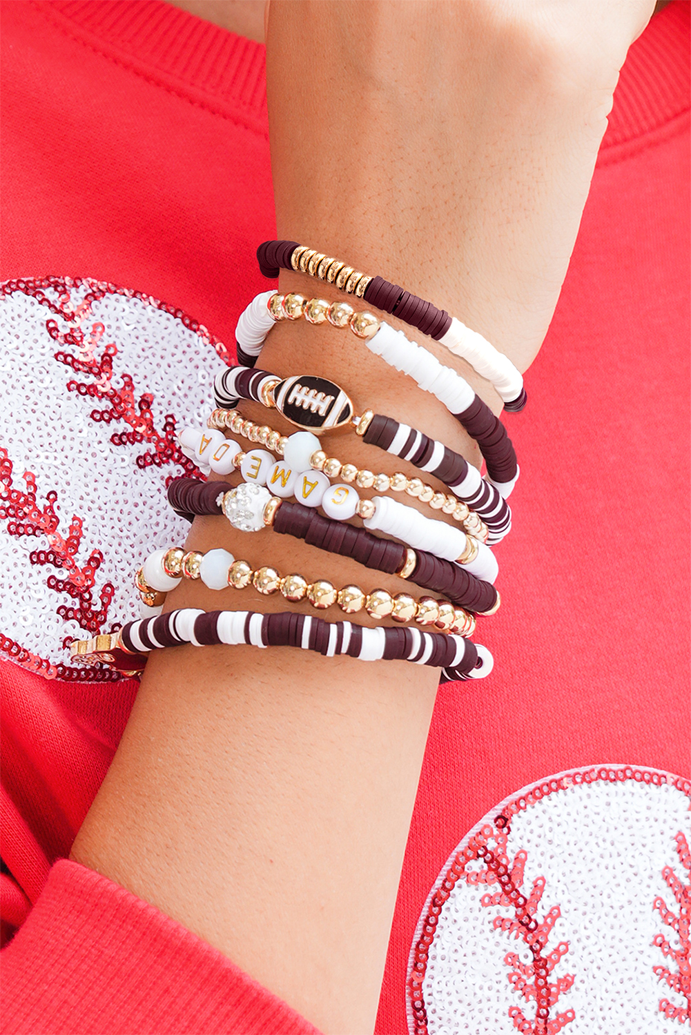 Chestnut Game Day 8pcs Stackable Football Beaded Charm Bracelet Set