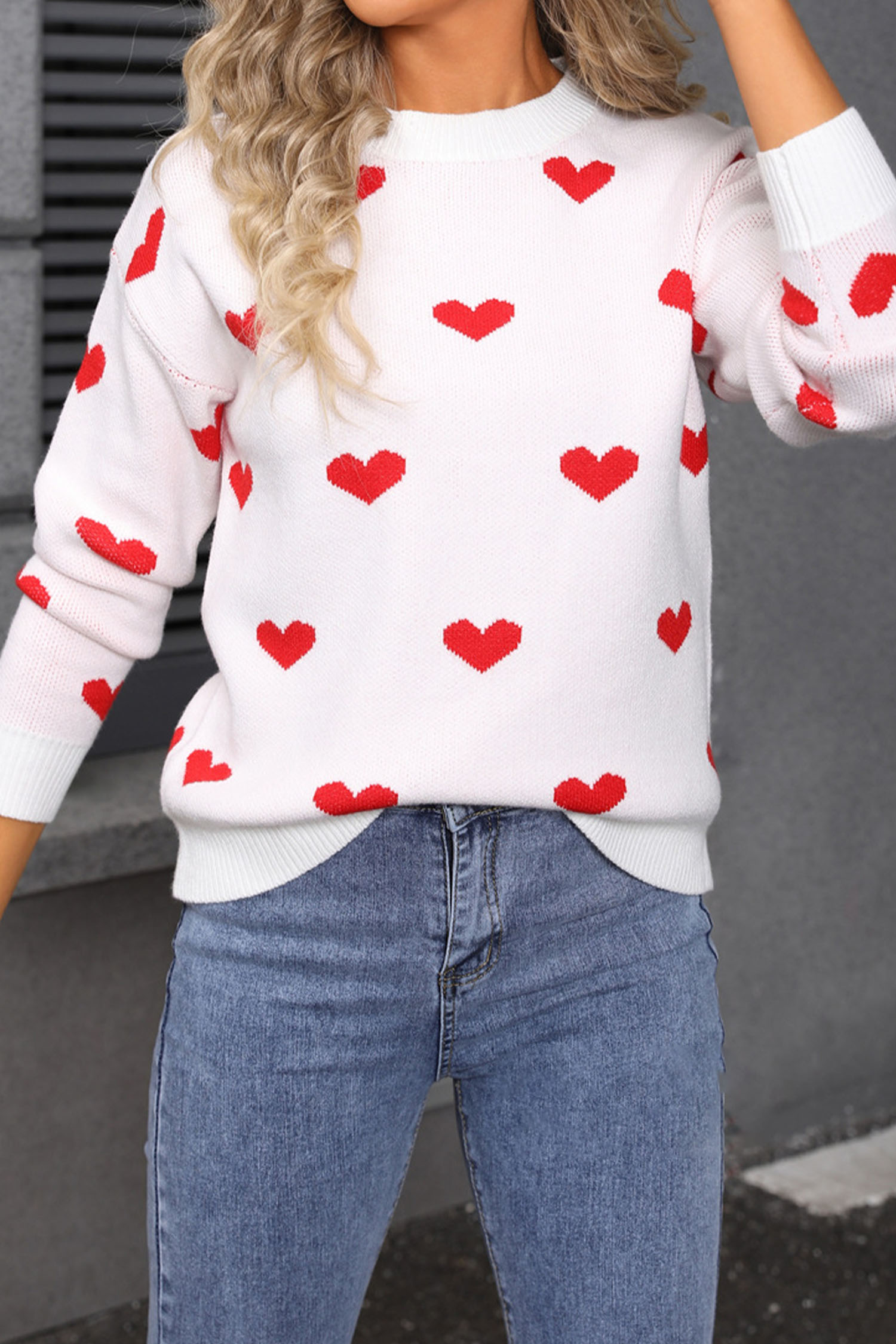 White Classic Round Neck Drop Shoulder Heart Print Sweater