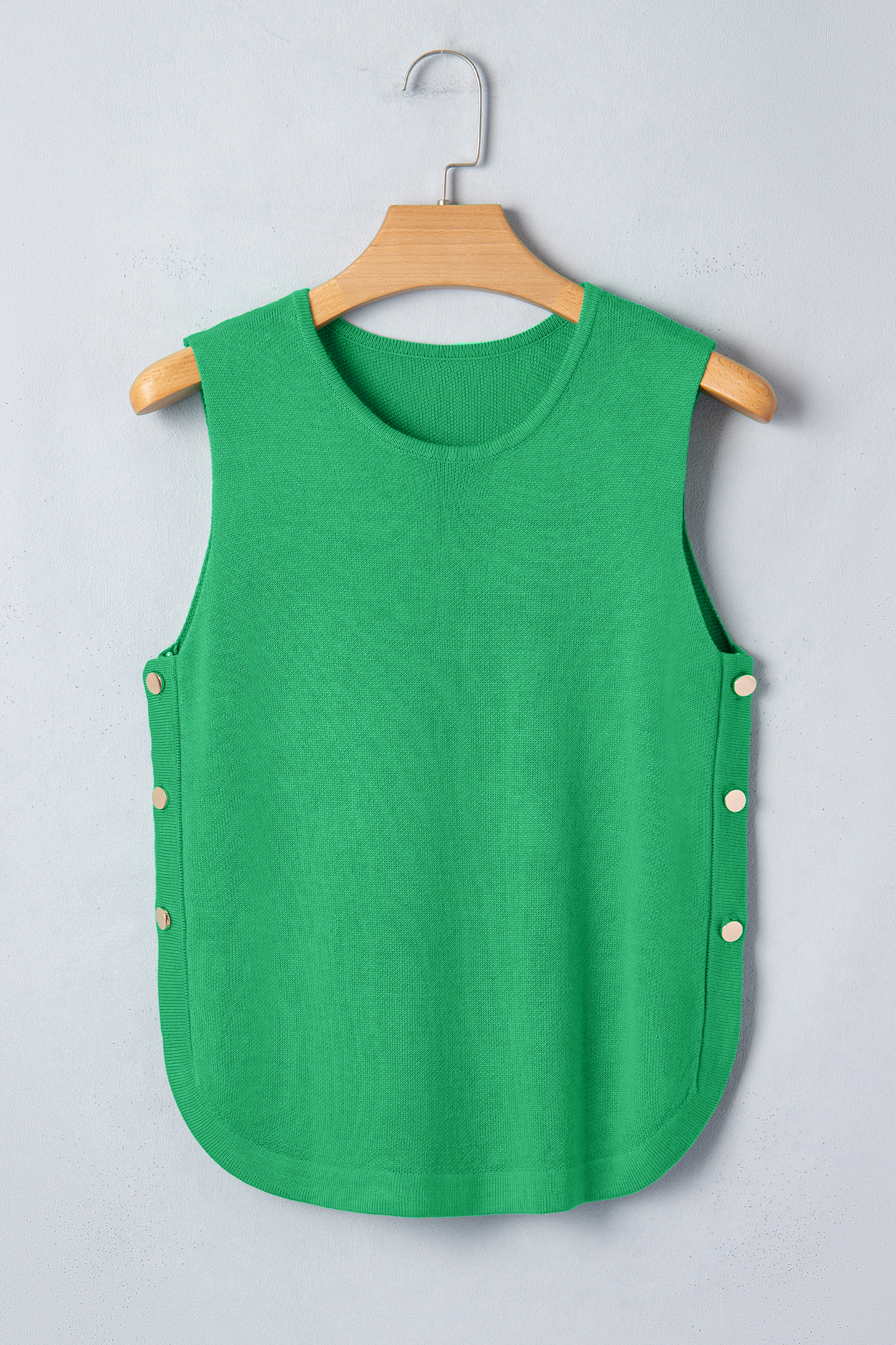 Bright Green Side Button Round Neck Knit Sleeveless Sweater