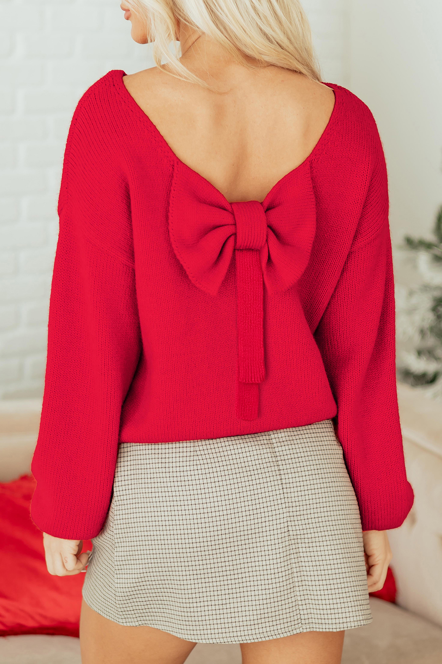 Bonbon Festive Bow Backless Bubble Sleeve Sweater