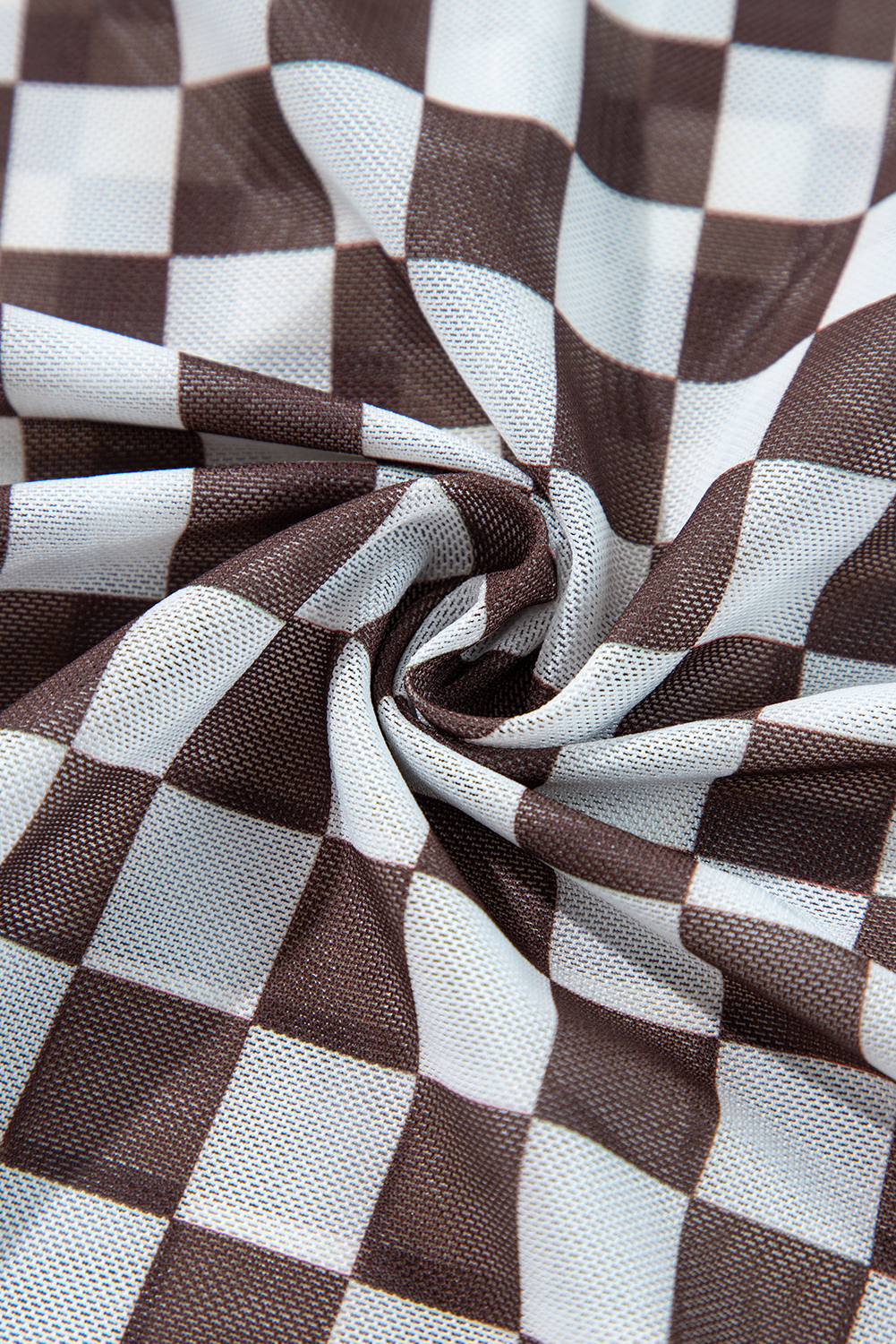 Khaki Checkered Pattern Mesh Mock Neck Long Sleeve Top