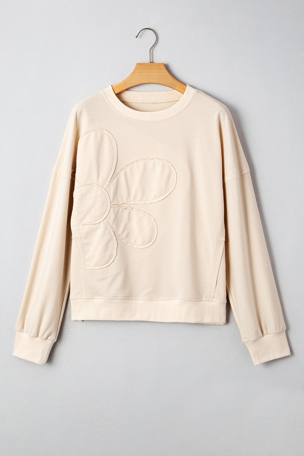 Beige Raw Edge Flower Patch Drop Shoulder Casual Top