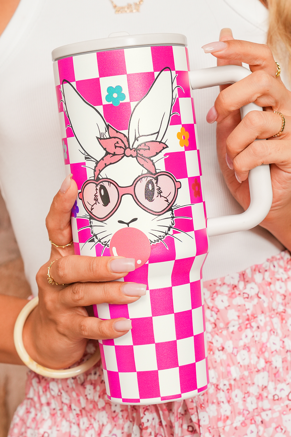 Rose Red Easter Rabbit Flower Checkered Print Large Tumbler 40oz