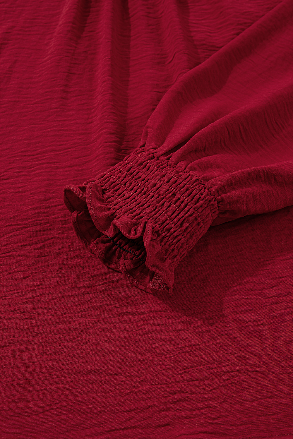 Burgundy Notched Neck Shirred Cuff Long Sleeve Blouse