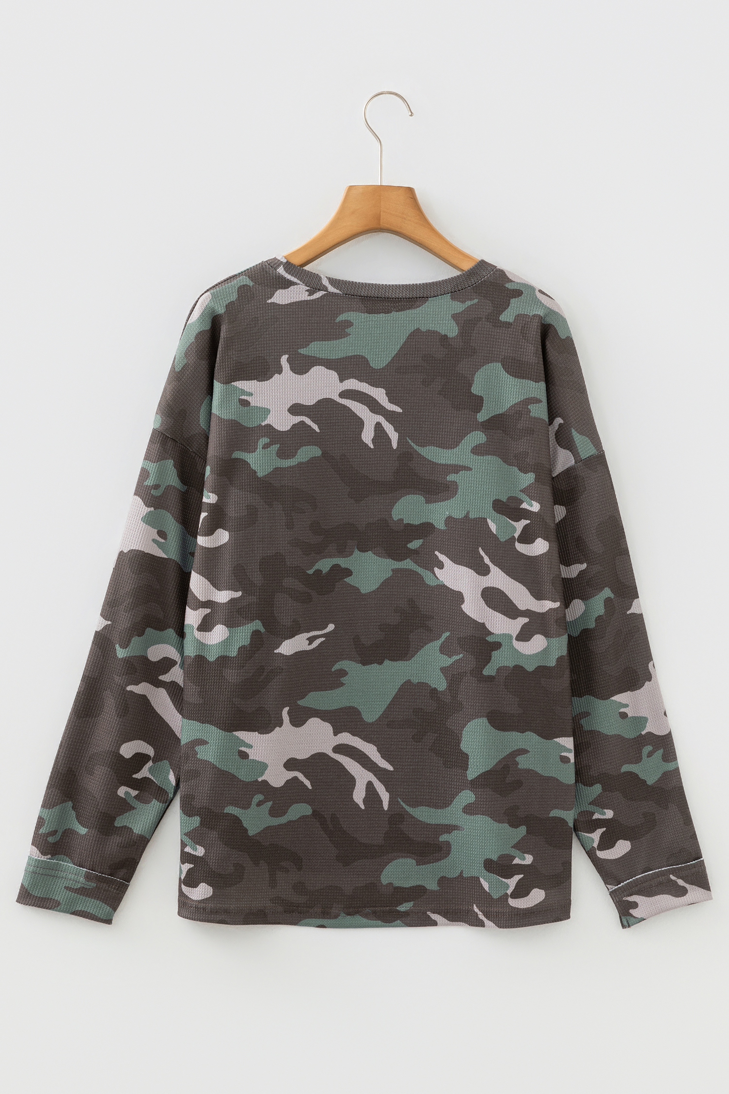 Green Camouflage Print Textured Drop Shoulder Long Sleeve Top
