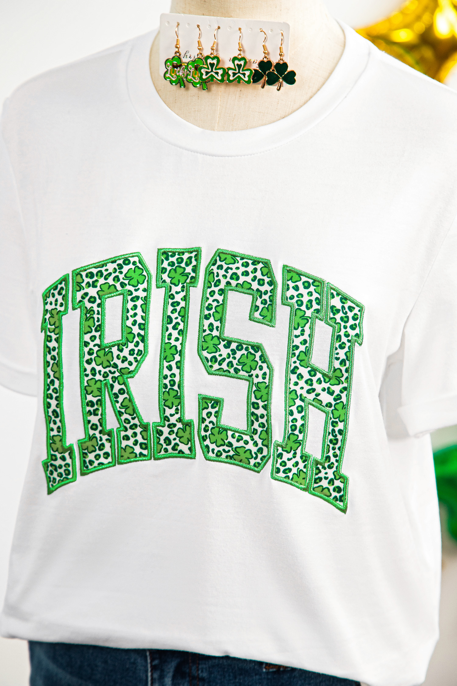 White IRISH Leopard Clover Embroidered Patch Graphic Tee