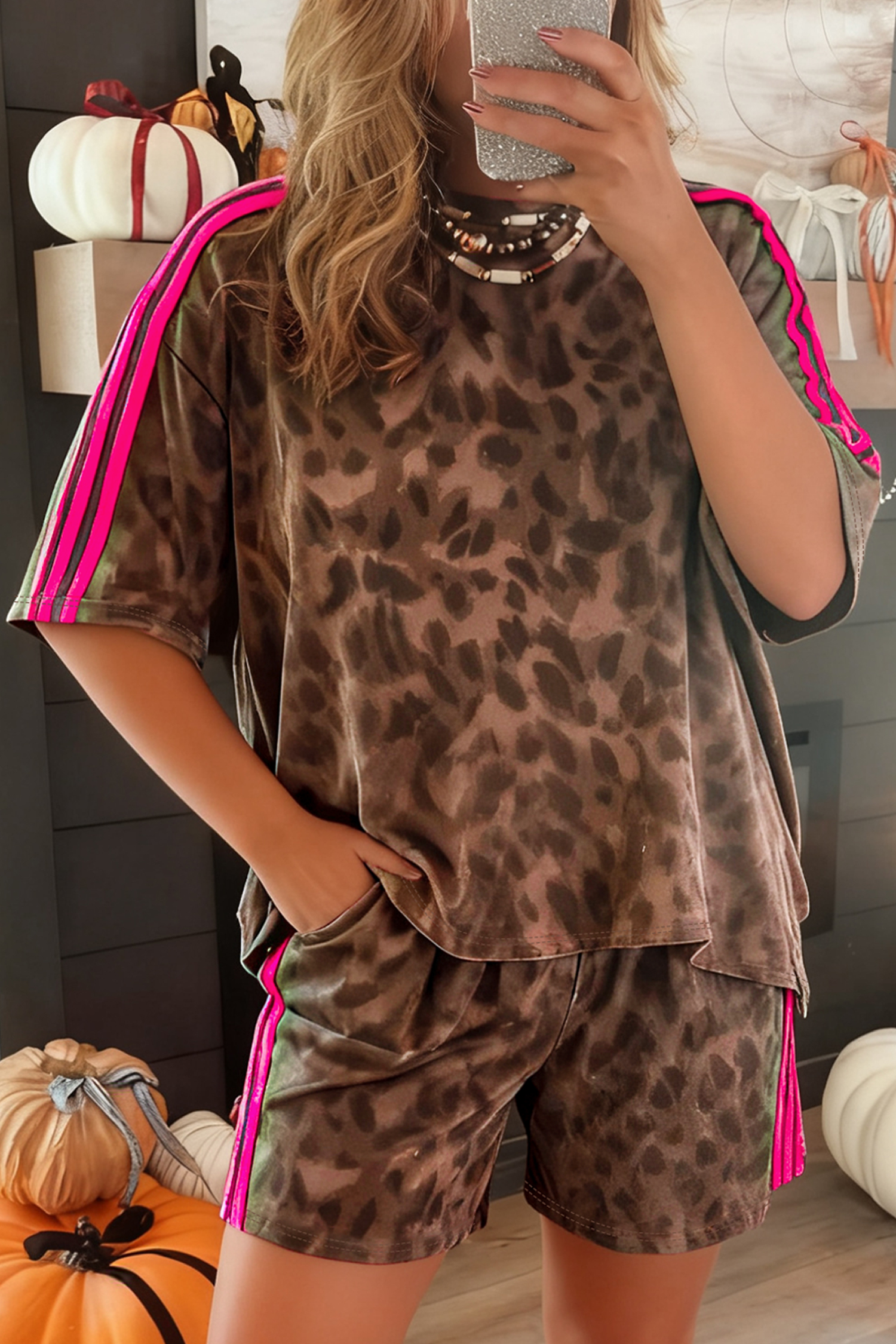 Brown Leopard Loose Tee Drawstring Waist Barrel Pants Set