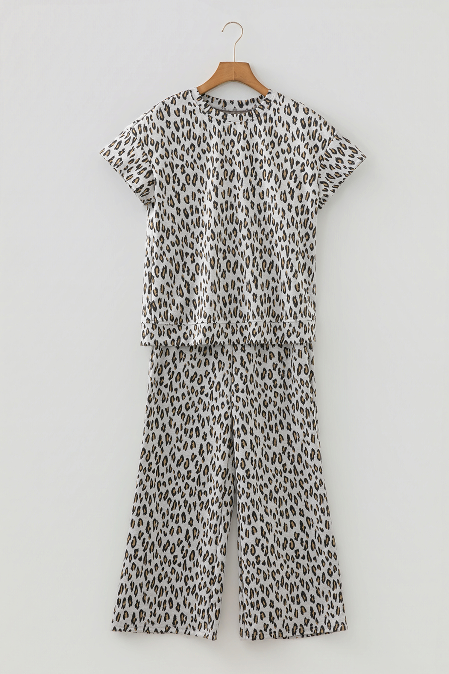 Beige Leopard Print Casual Tee and Pants 2pcs Outfit