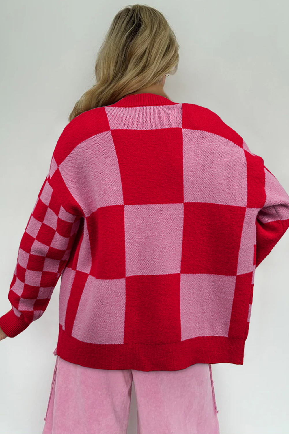 Fiery Red Mixed Plaid Relaxed Sweater Cardigan