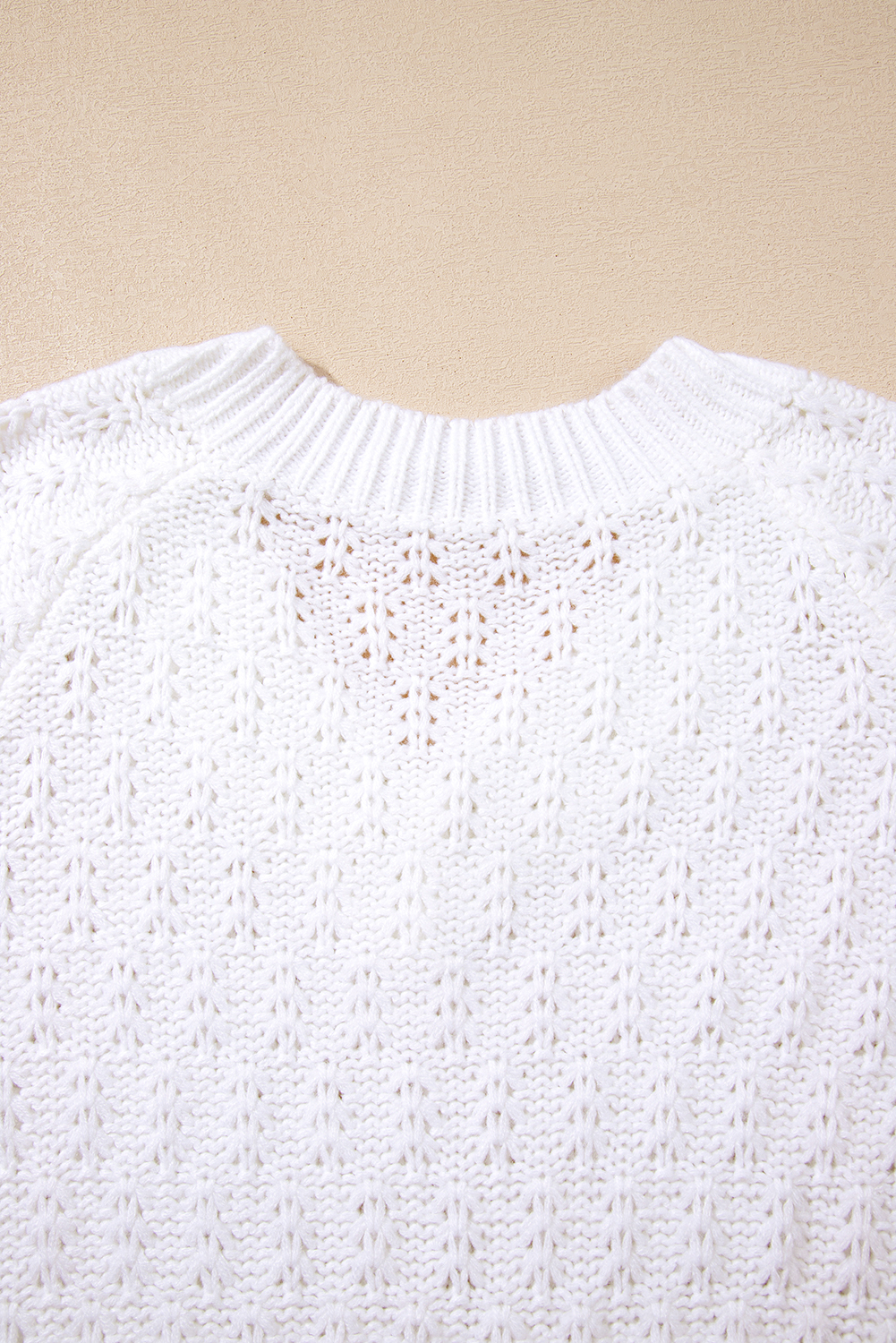 White Textured Knit Ribbed Edge V Neck Loose Sweater