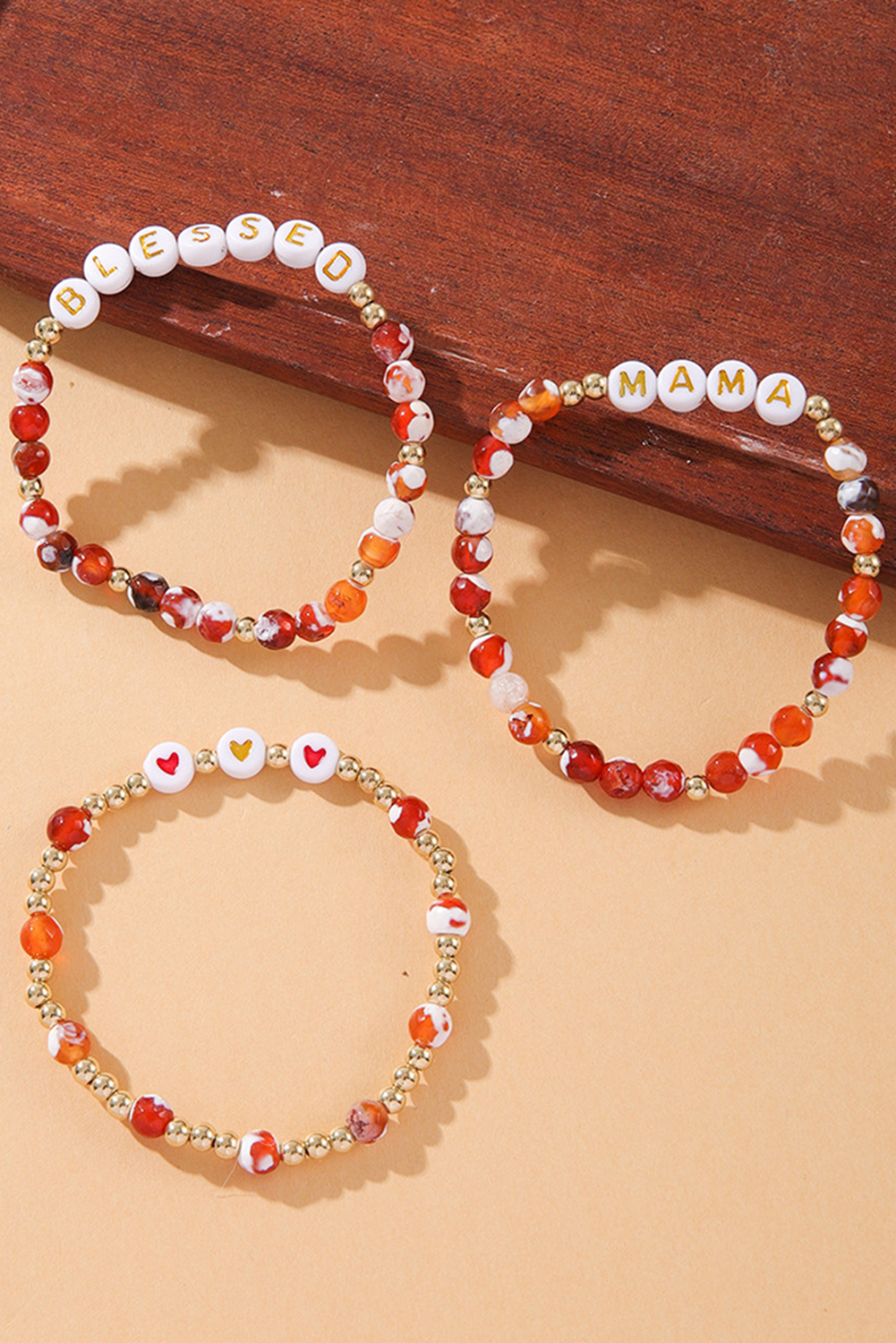 Gold MAMA Beaded Triple Layer Bracelet Set