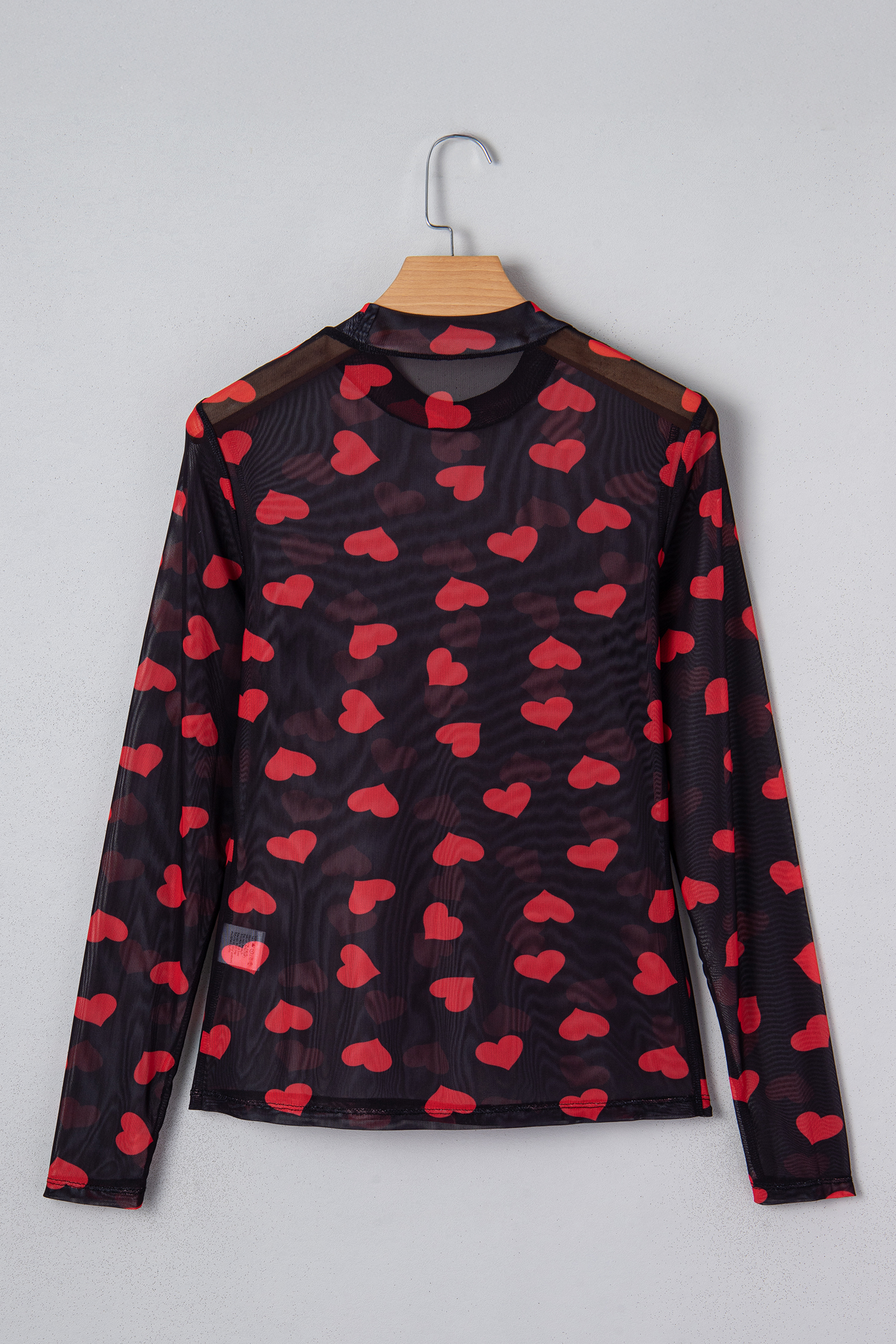 Black Valentines Heart Printed Sheer Mesh Long Sleeve Top