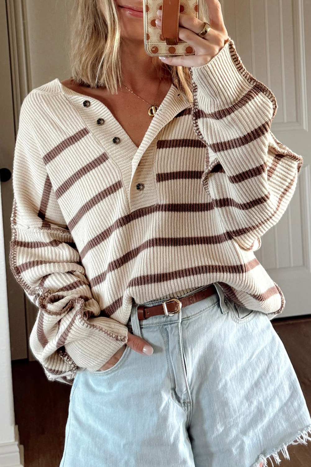 Brown Stripe Ribbed Henley Drop Shoulder Slouchy Sweater
