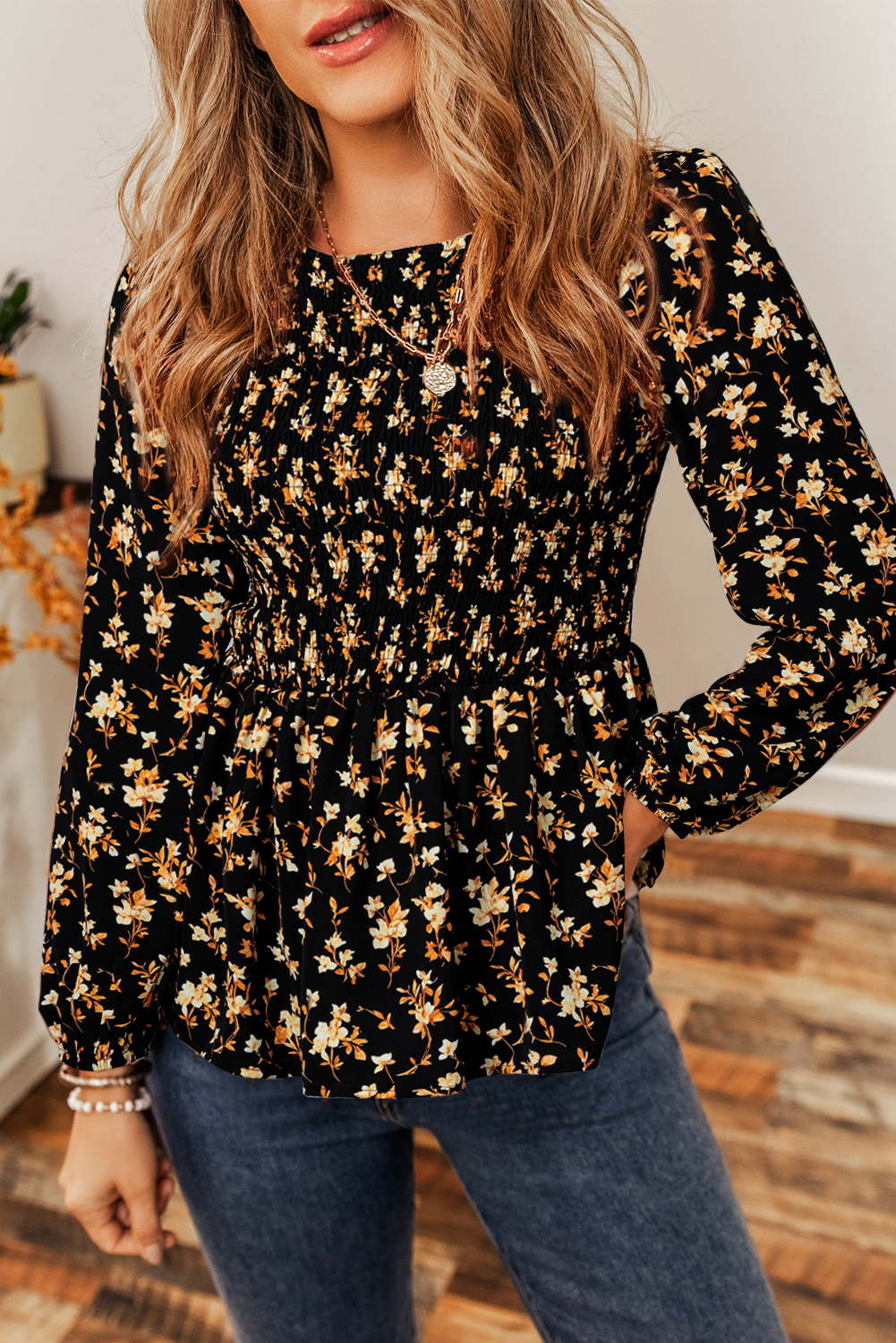 Black Boho Floral Smocked Bust Ruffled Peplum Blouse