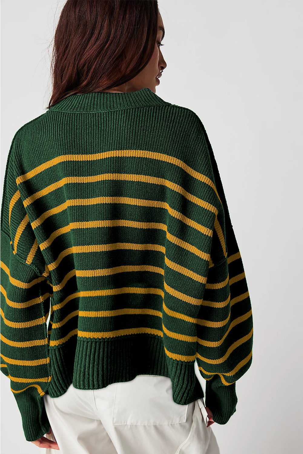 Green Stripe Ribbed Drop Shoulder Baggy Sweater