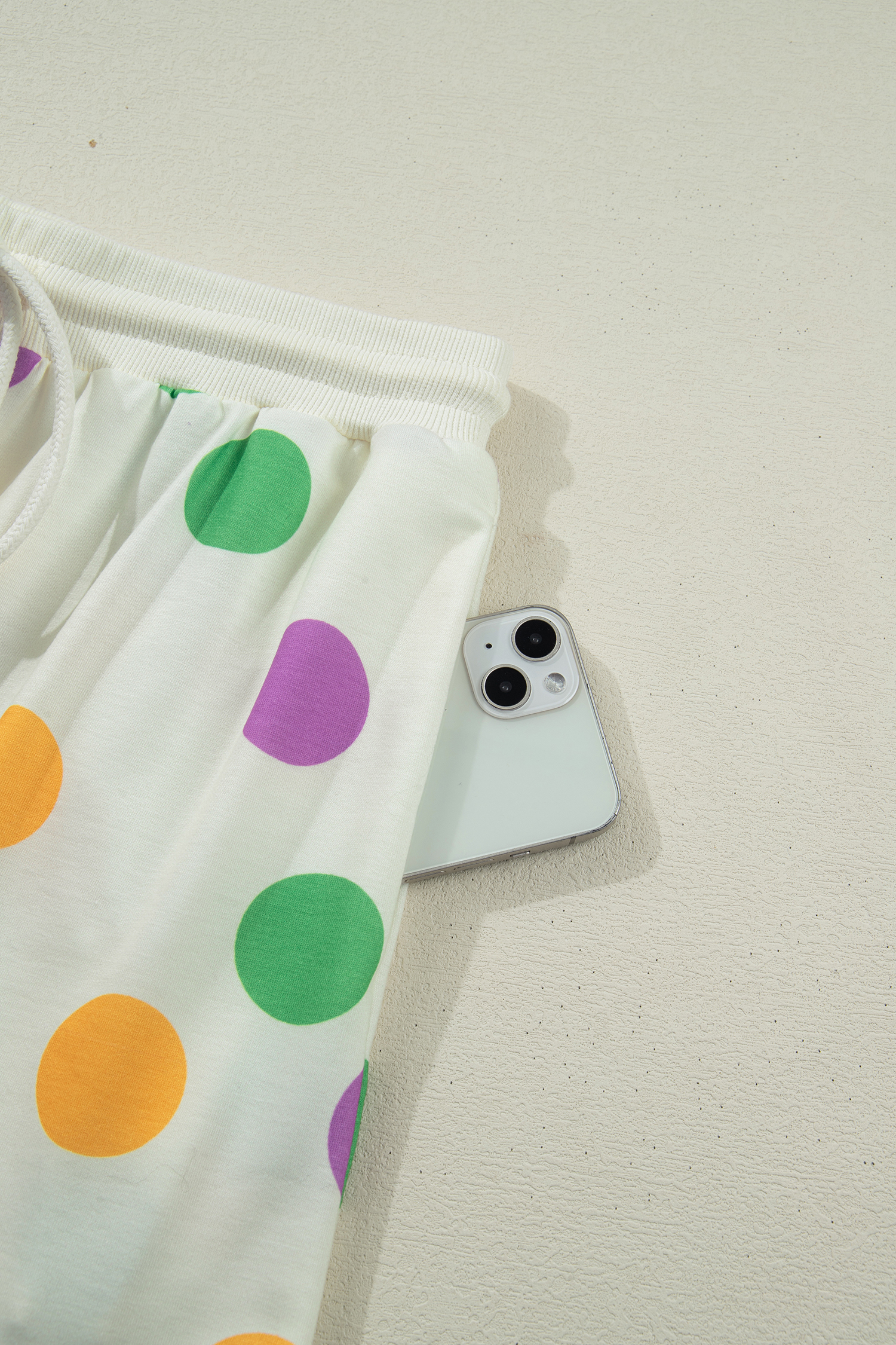 Beige Polka Dot Print Drop Shoulder Pullover Drawstring Jogger Pant Set