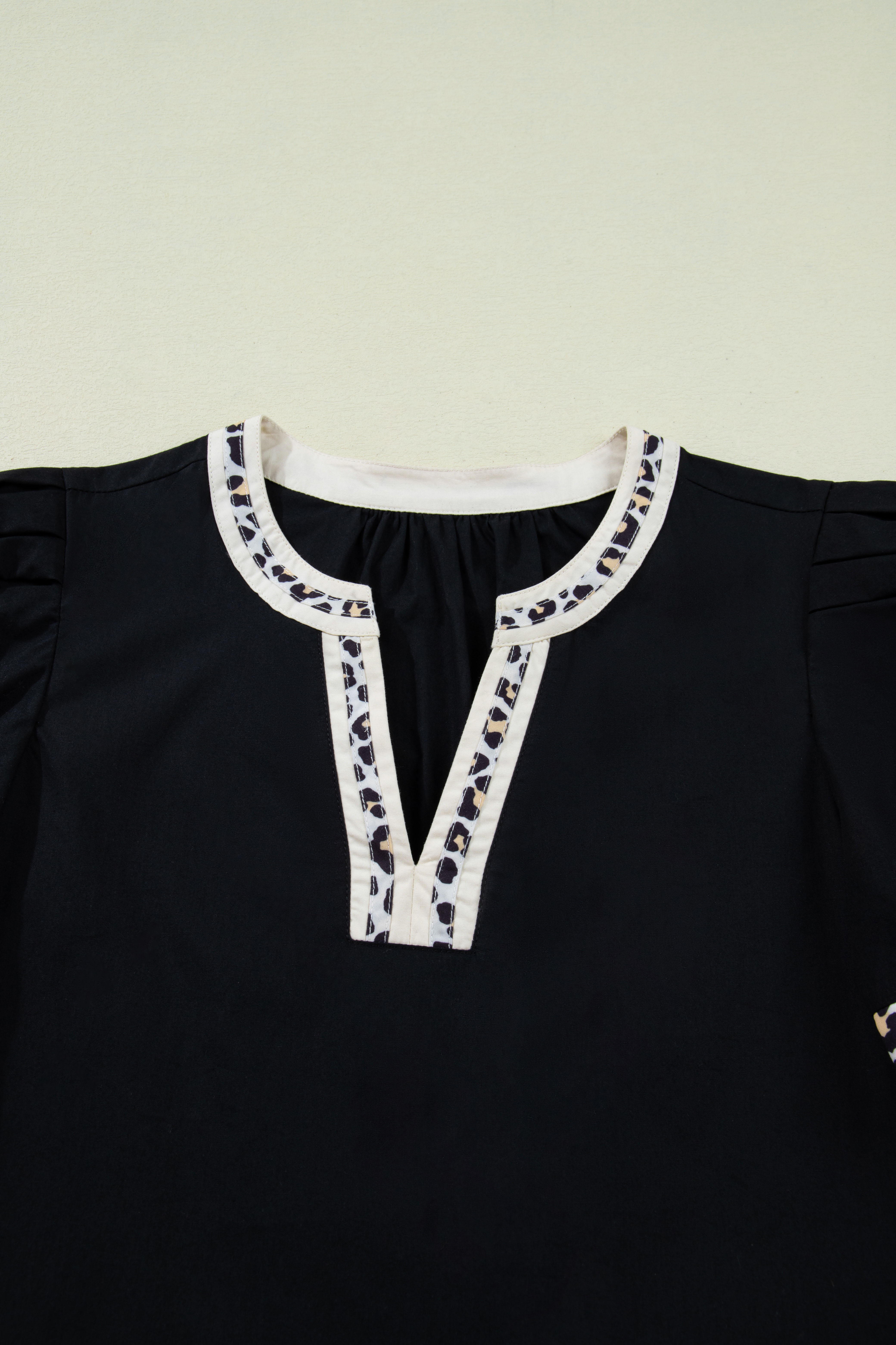 Buckskin Contrast Leopard Trim Split Neck Puff Sleeve Blouse